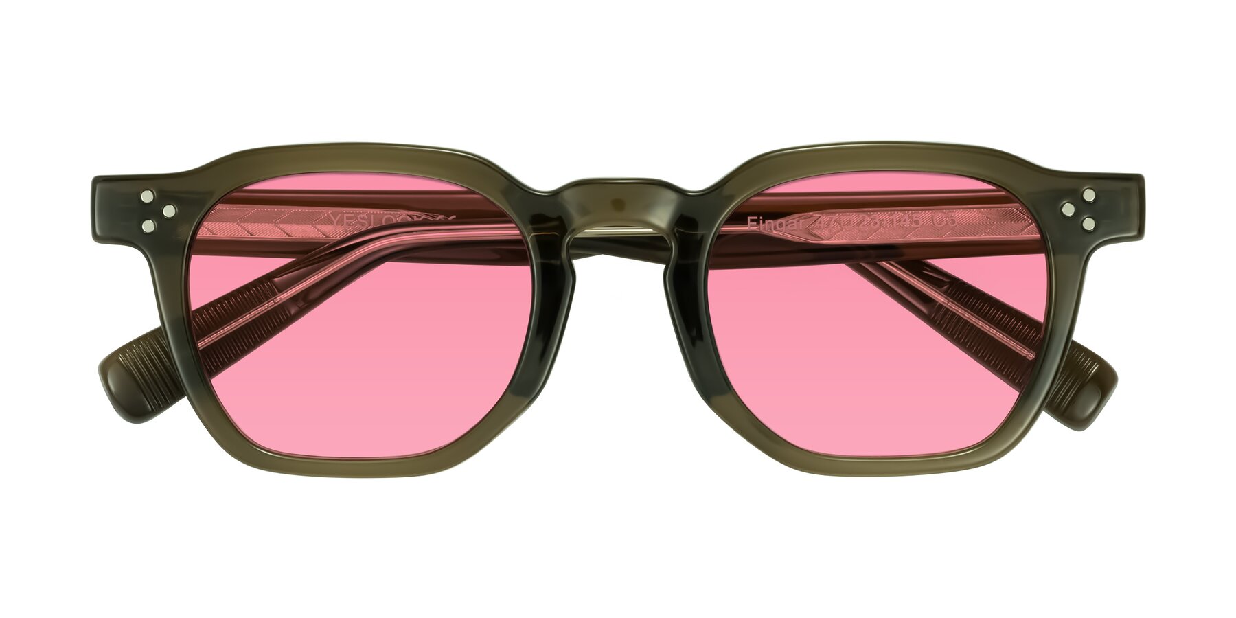 Folded Front of Fingar in Translucent Olive Gray with Pink Tinted Lenses