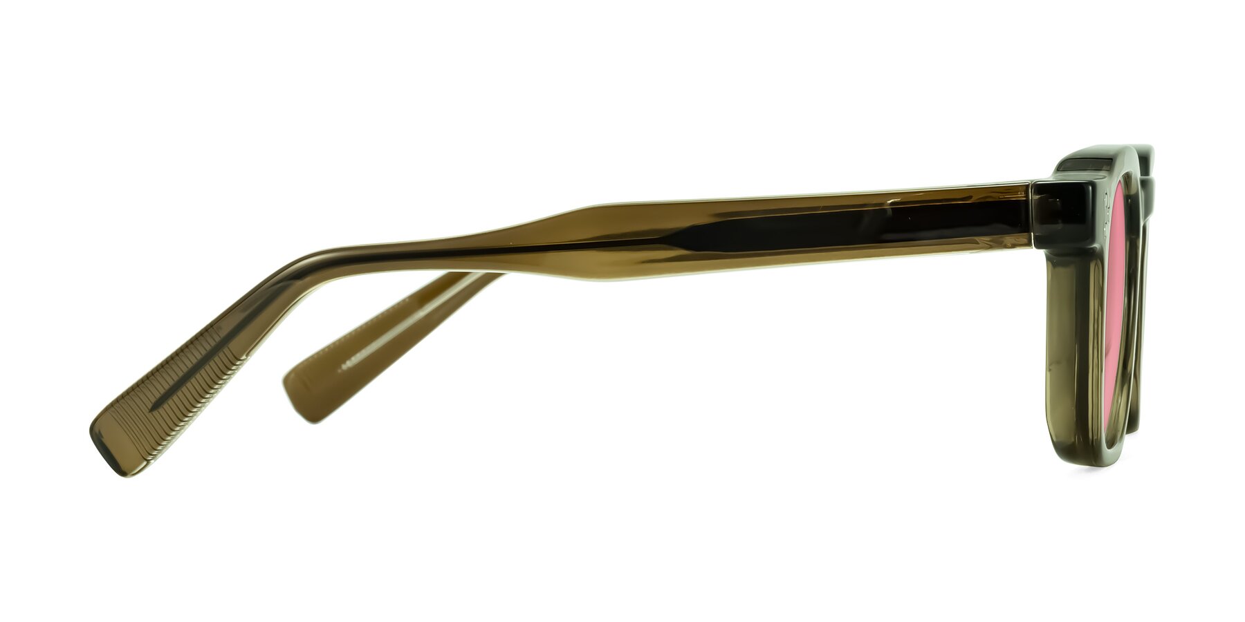 Side of Fingar in Translucent Olive Gray with Pink Tinted Lenses