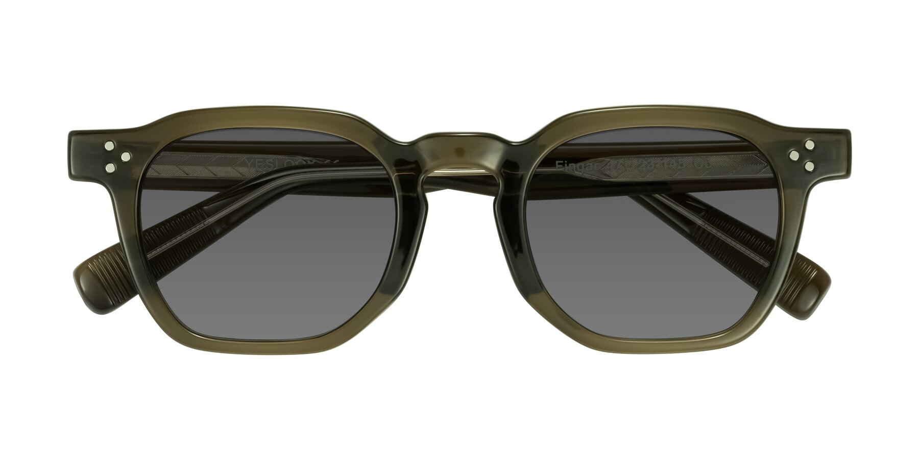 Folded Front of Fingar in Translucent Olive Gray with Medium Gray Tinted Lenses