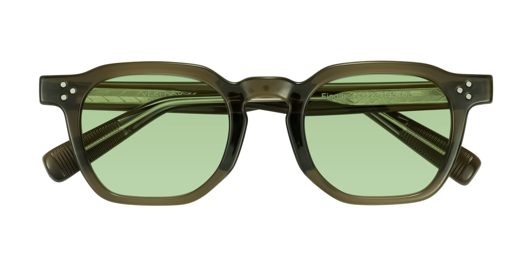 Folded Front of Fingar in Translucent Olive Gray with Medium Green Tinted Lenses