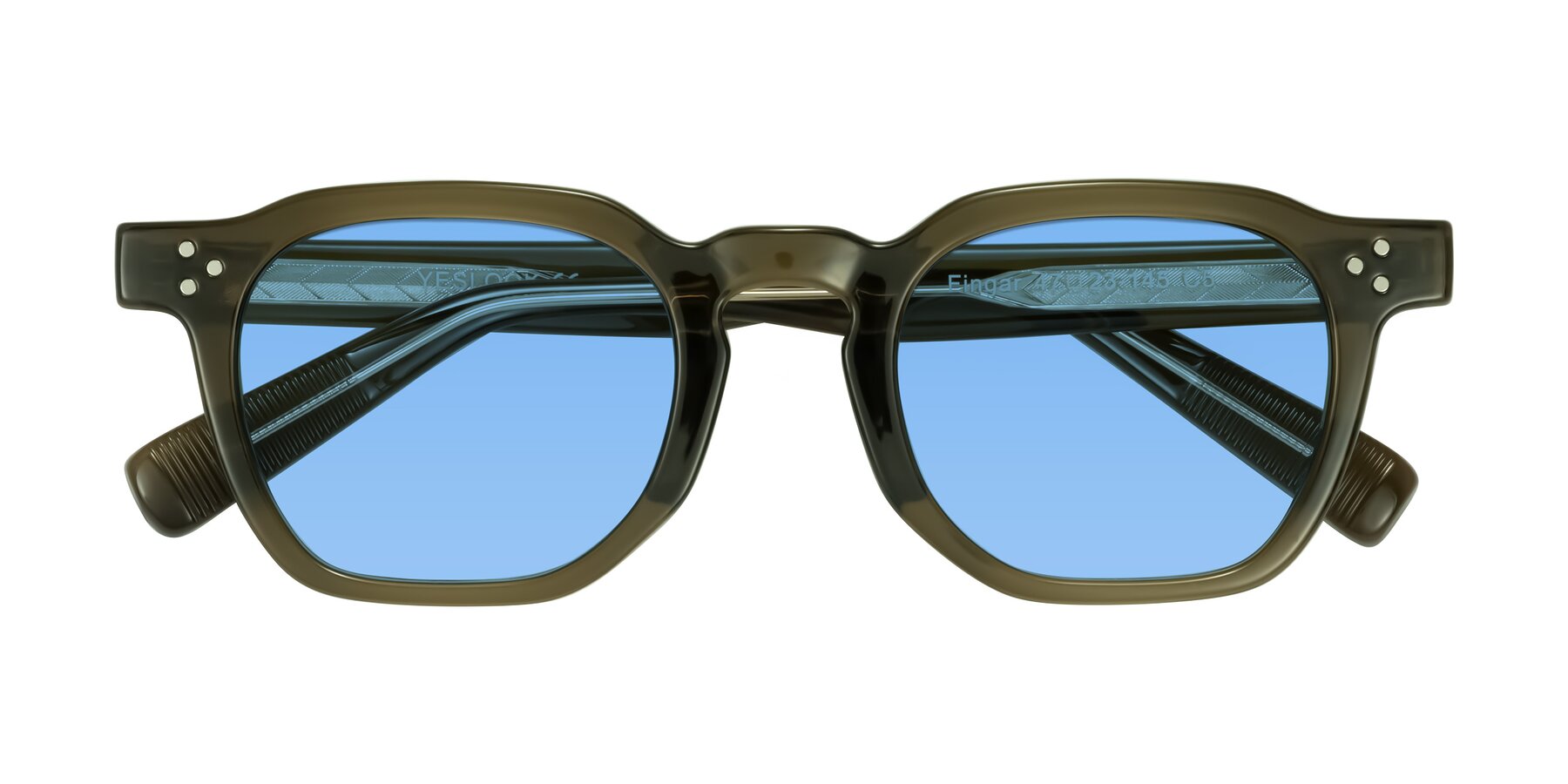 Folded Front of Fingar in Translucent Olive Gray with Medium Blue Tinted Lenses