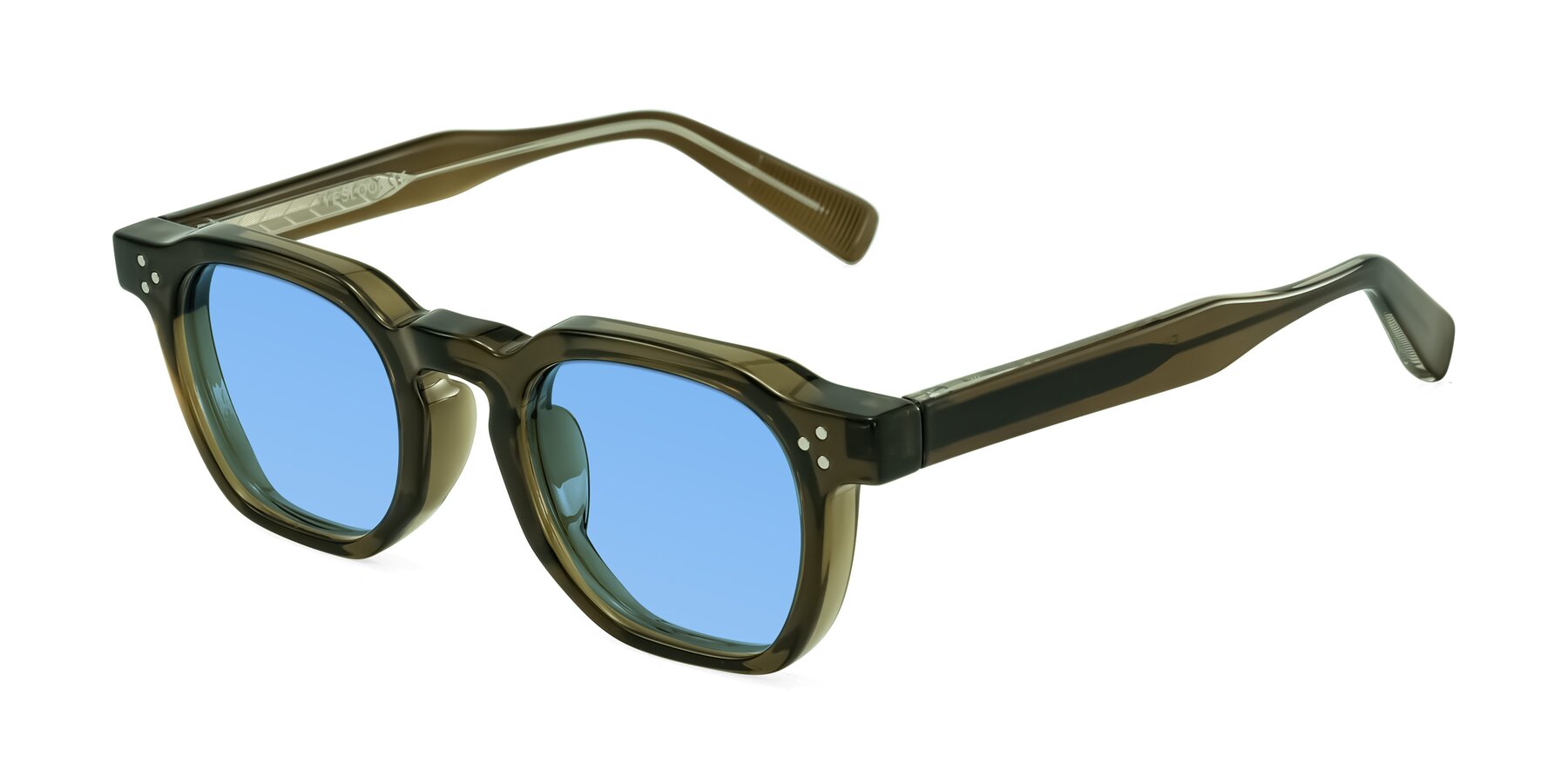 Angle of Fingar in Translucent Olive Gray with Medium Blue Tinted Lenses