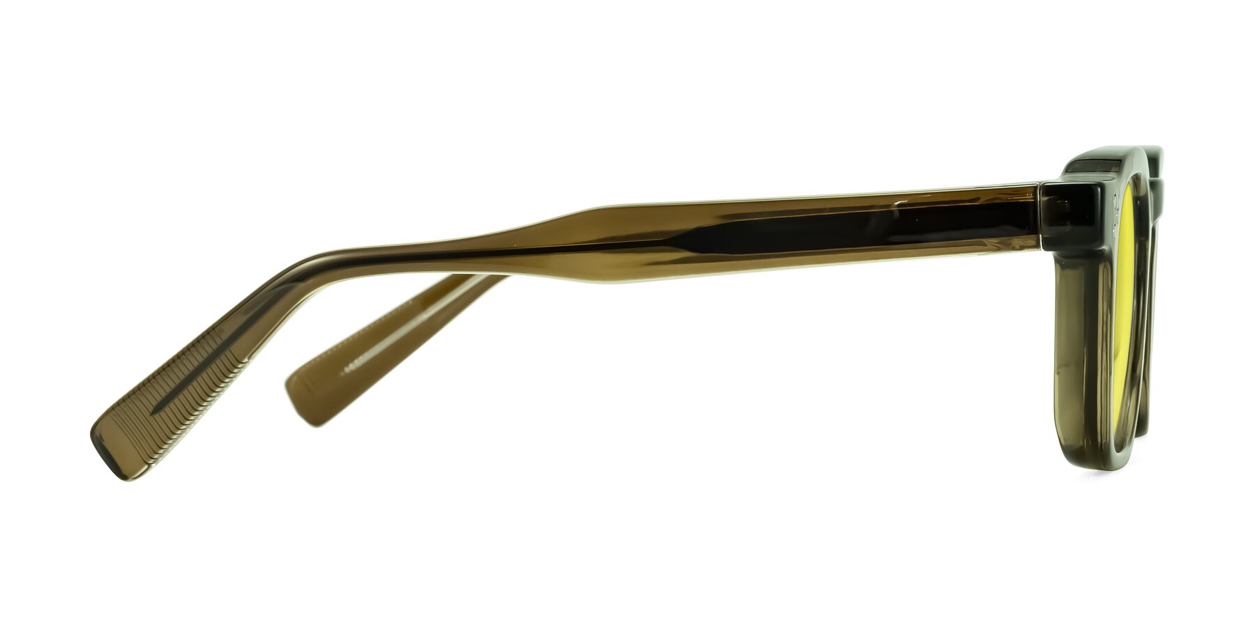 Side of Fingar in Translucent Olive Gray with Medium Yellow Tinted Lenses