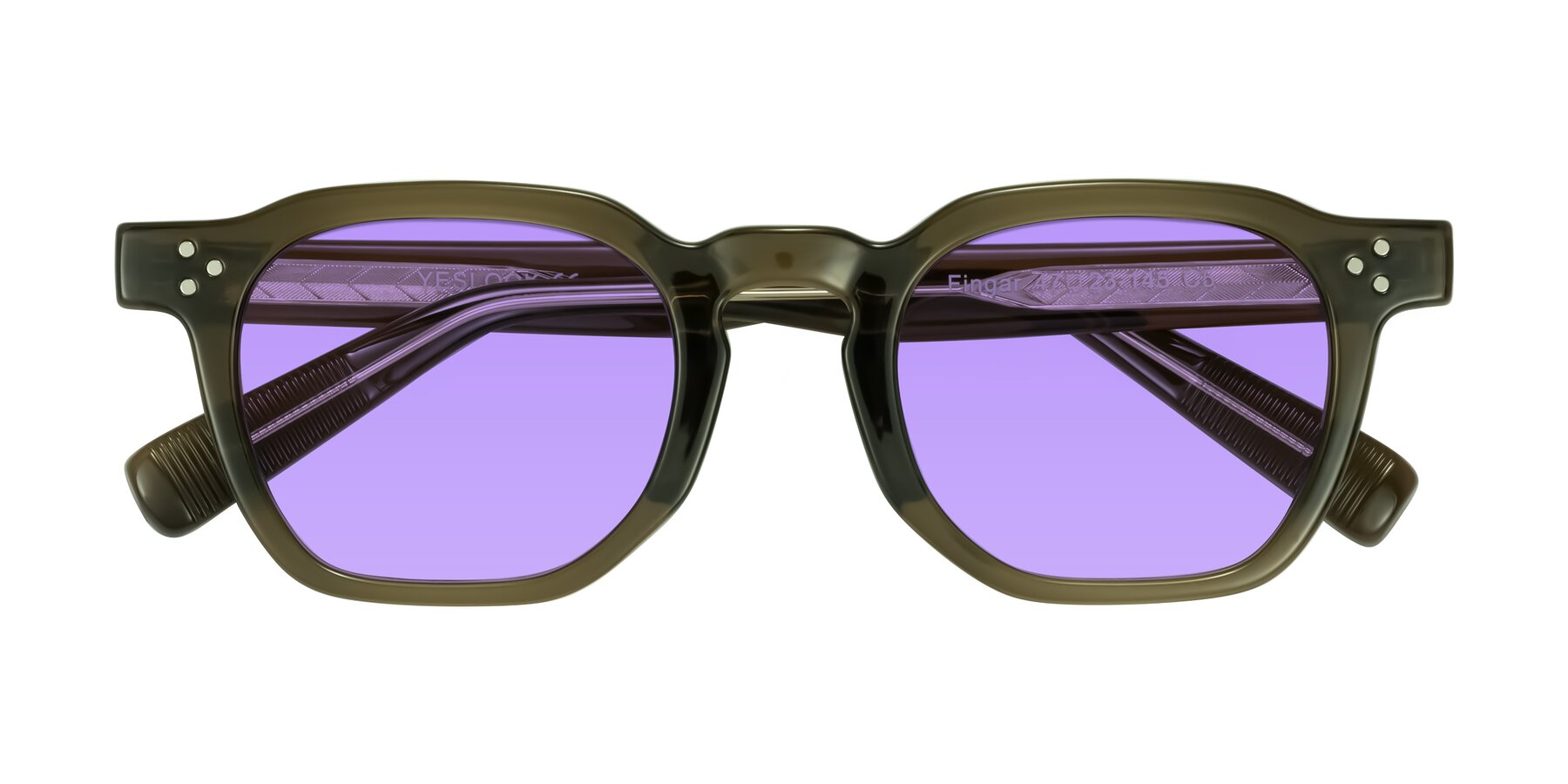 Folded Front of Fingar in Translucent Olive Gray with Medium Purple Tinted Lenses