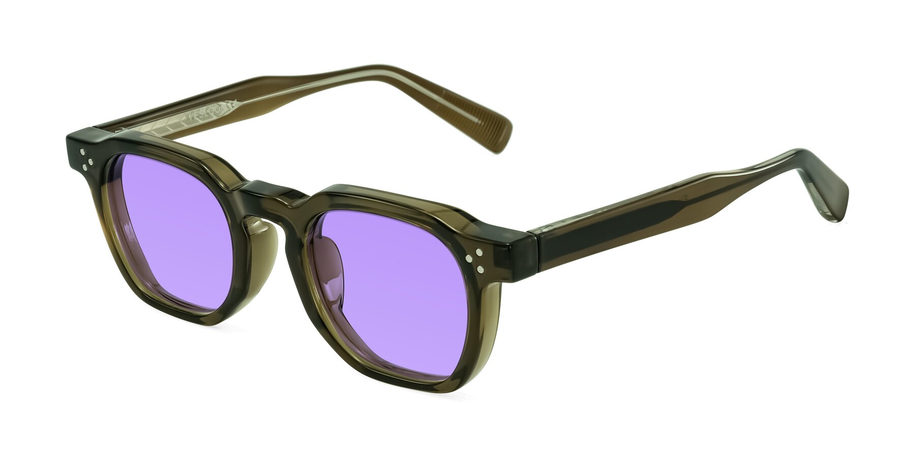 Angle of Fingar in Translucent Olive Gray with Medium Purple Tinted Lenses