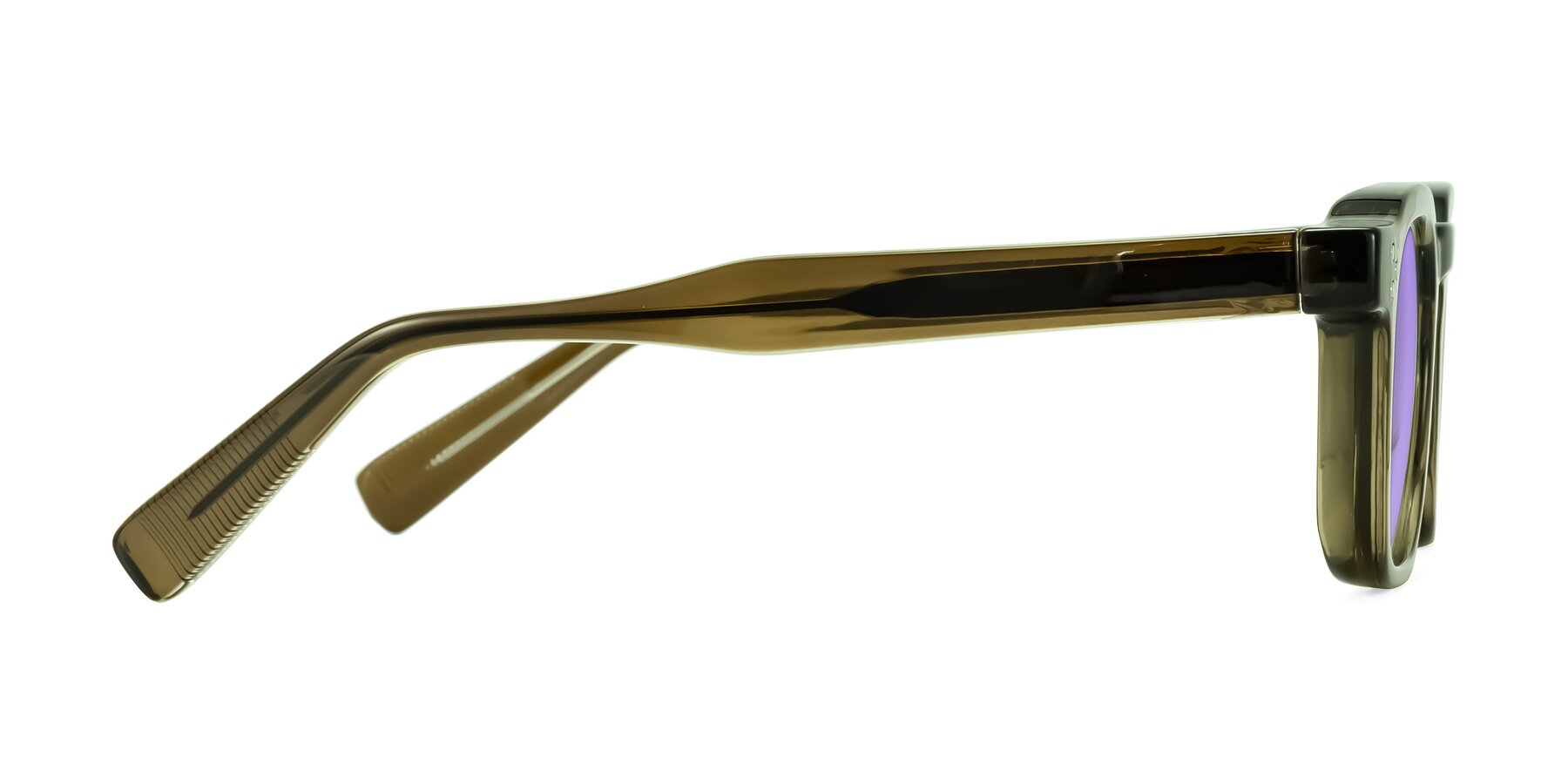 Side of Fingar in Translucent Olive Gray with Medium Purple Tinted Lenses