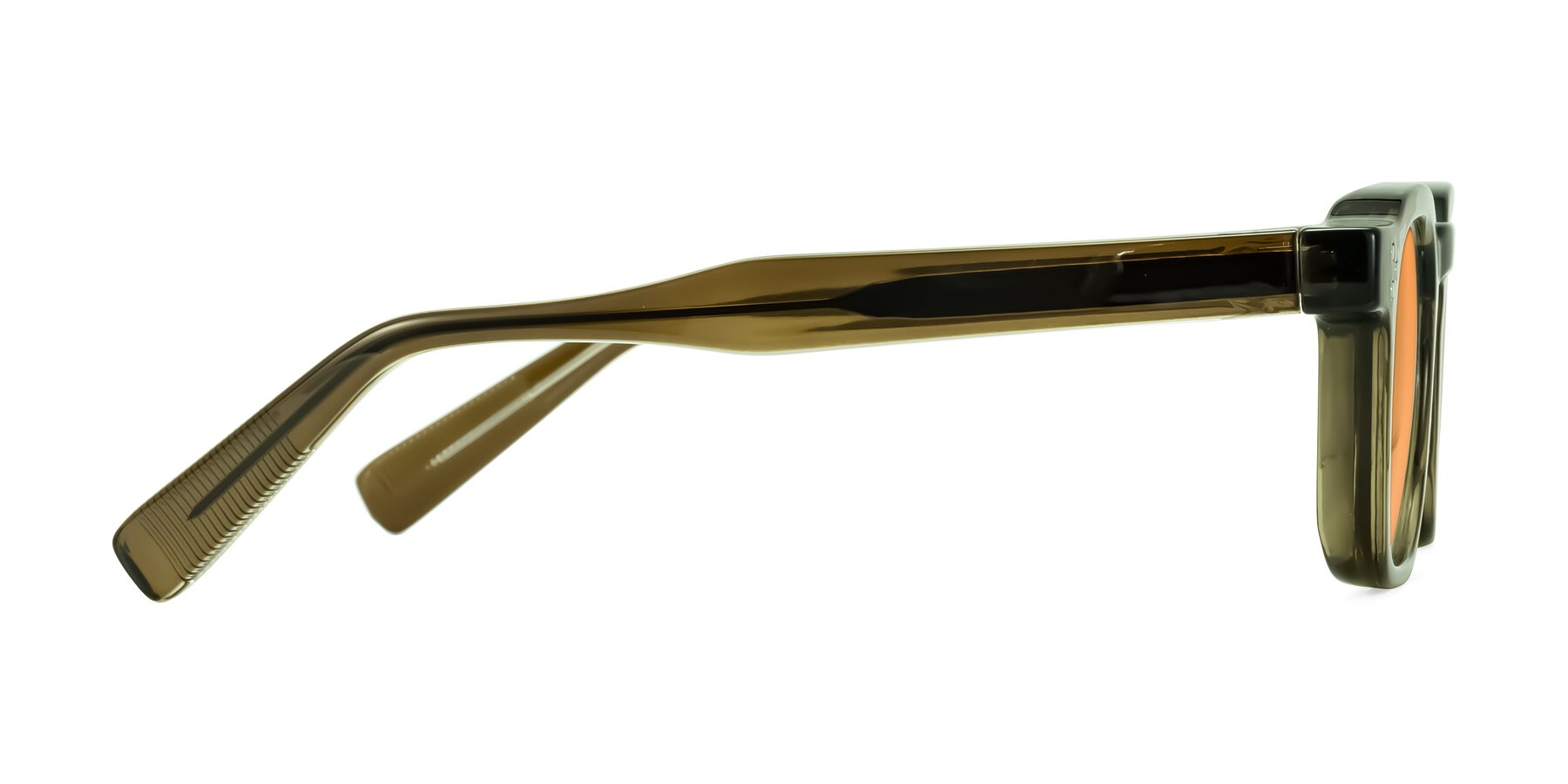 Side of Fingar in Translucent Olive Gray with Medium Orange Tinted Lenses