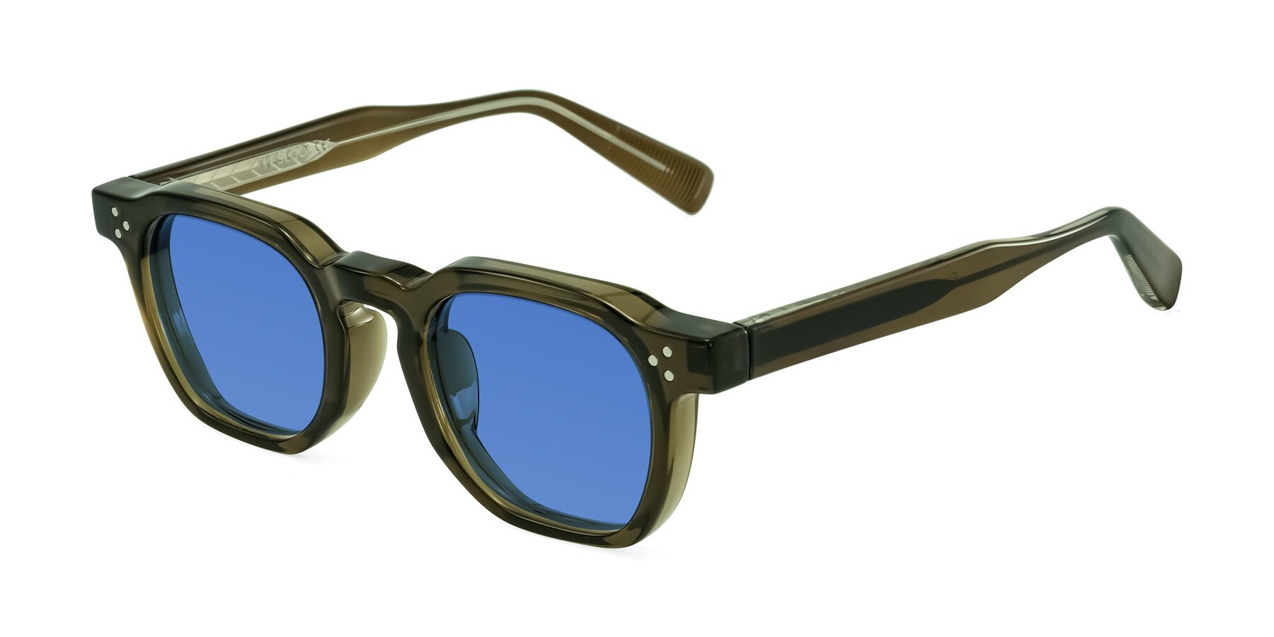 Angle of Fingar in Translucent Olive Gray with Blue Tinted Lenses