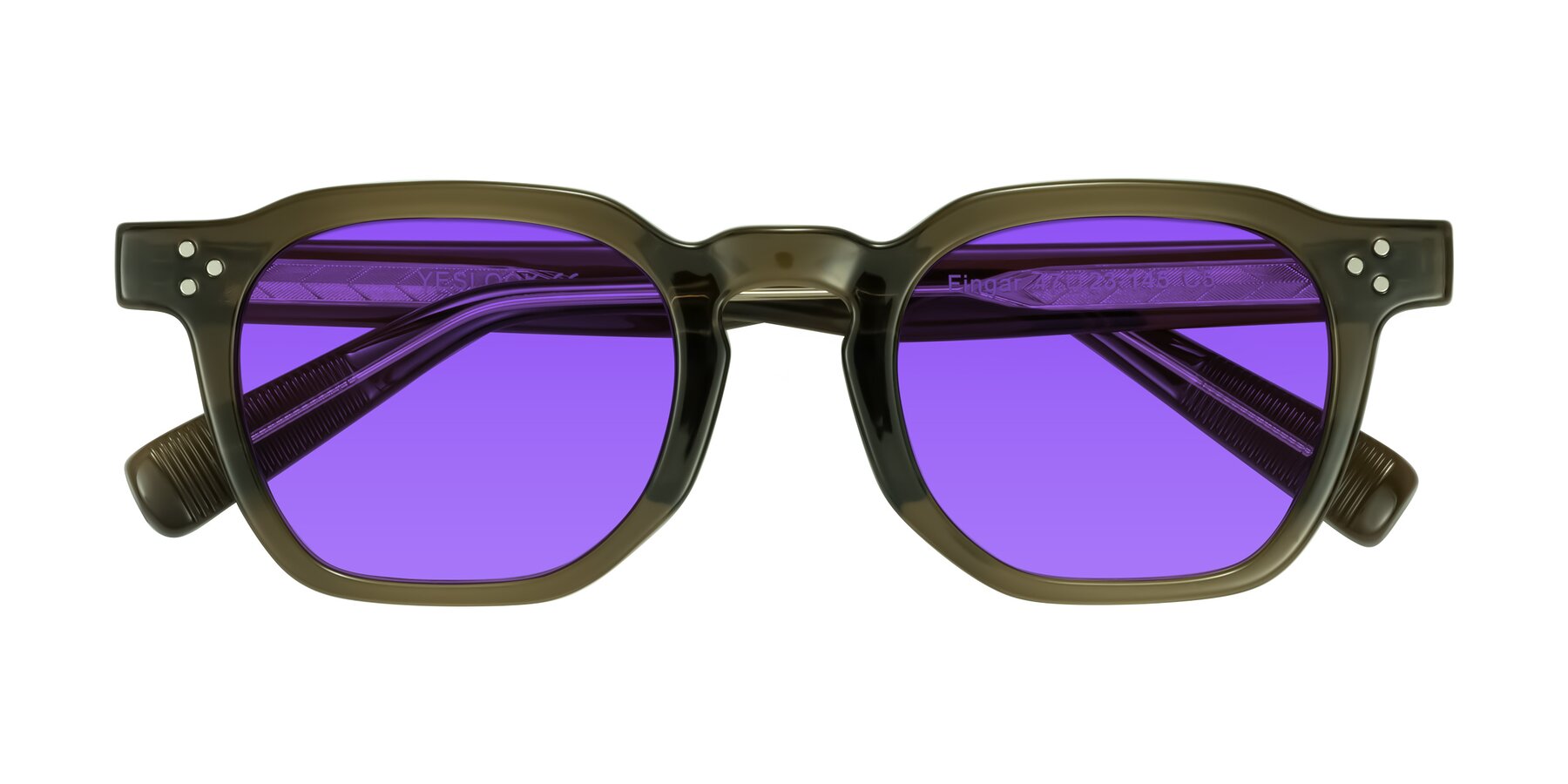 Folded Front of Fingar in Translucent Olive Gray with Purple Tinted Lenses
