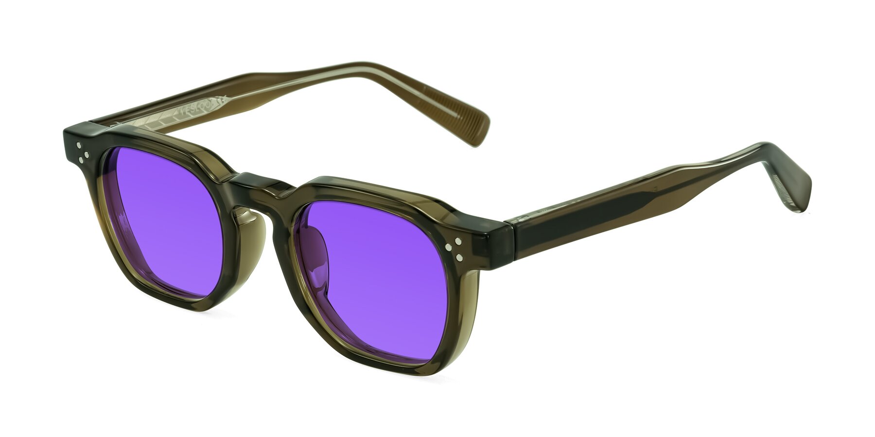 Angle of Fingar in Translucent Olive Gray with Purple Tinted Lenses