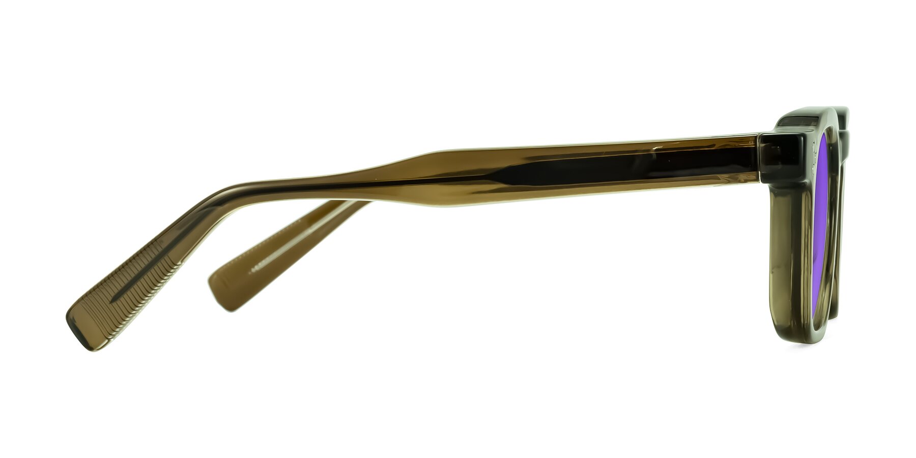 Side of Fingar in Translucent Olive Gray with Purple Tinted Lenses