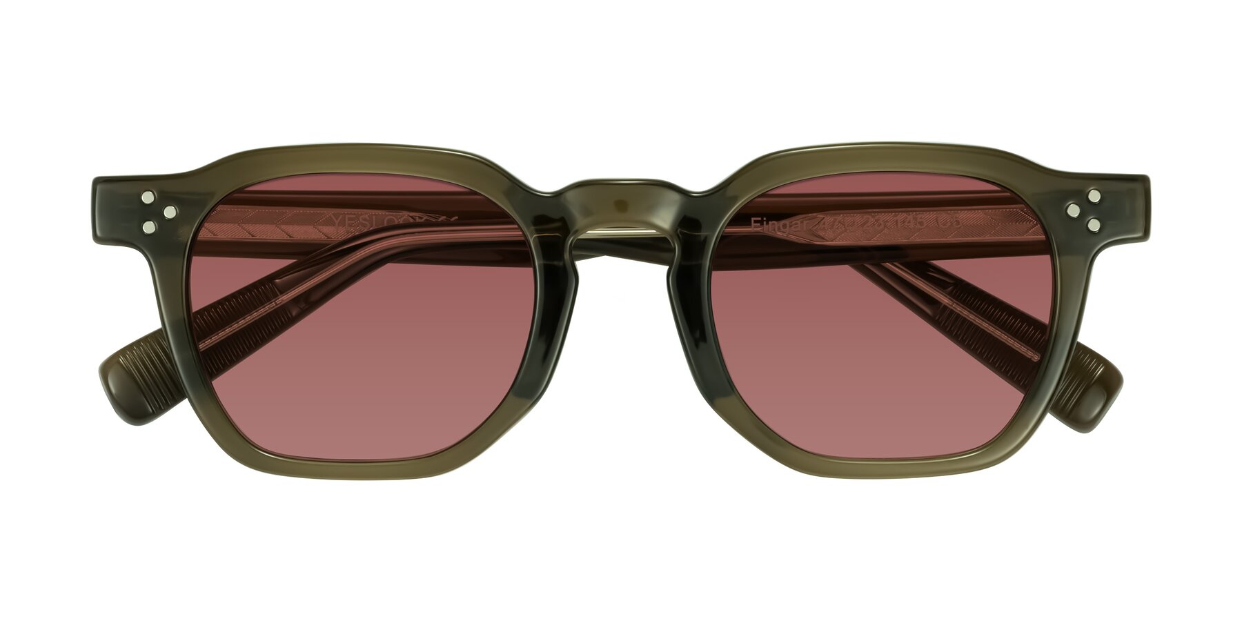Folded Front of Fingar in Translucent Olive Gray with Garnet Tinted Lenses