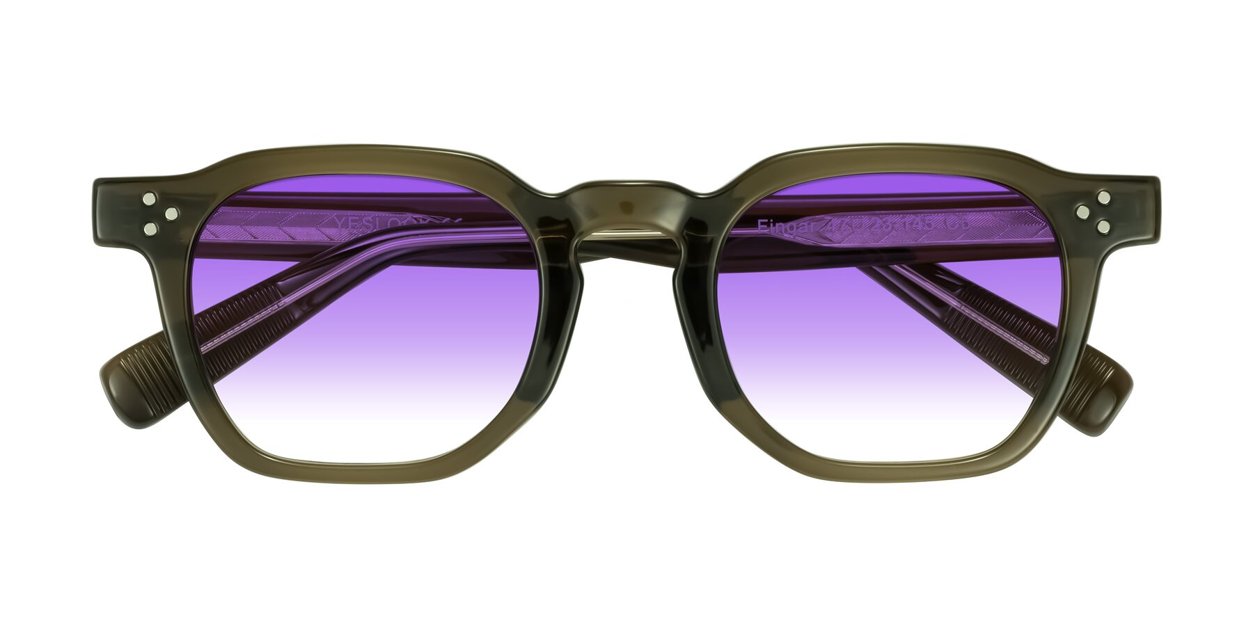 Folded Front of Fingar in Translucent Olive Gray with Purple Gradient Lenses