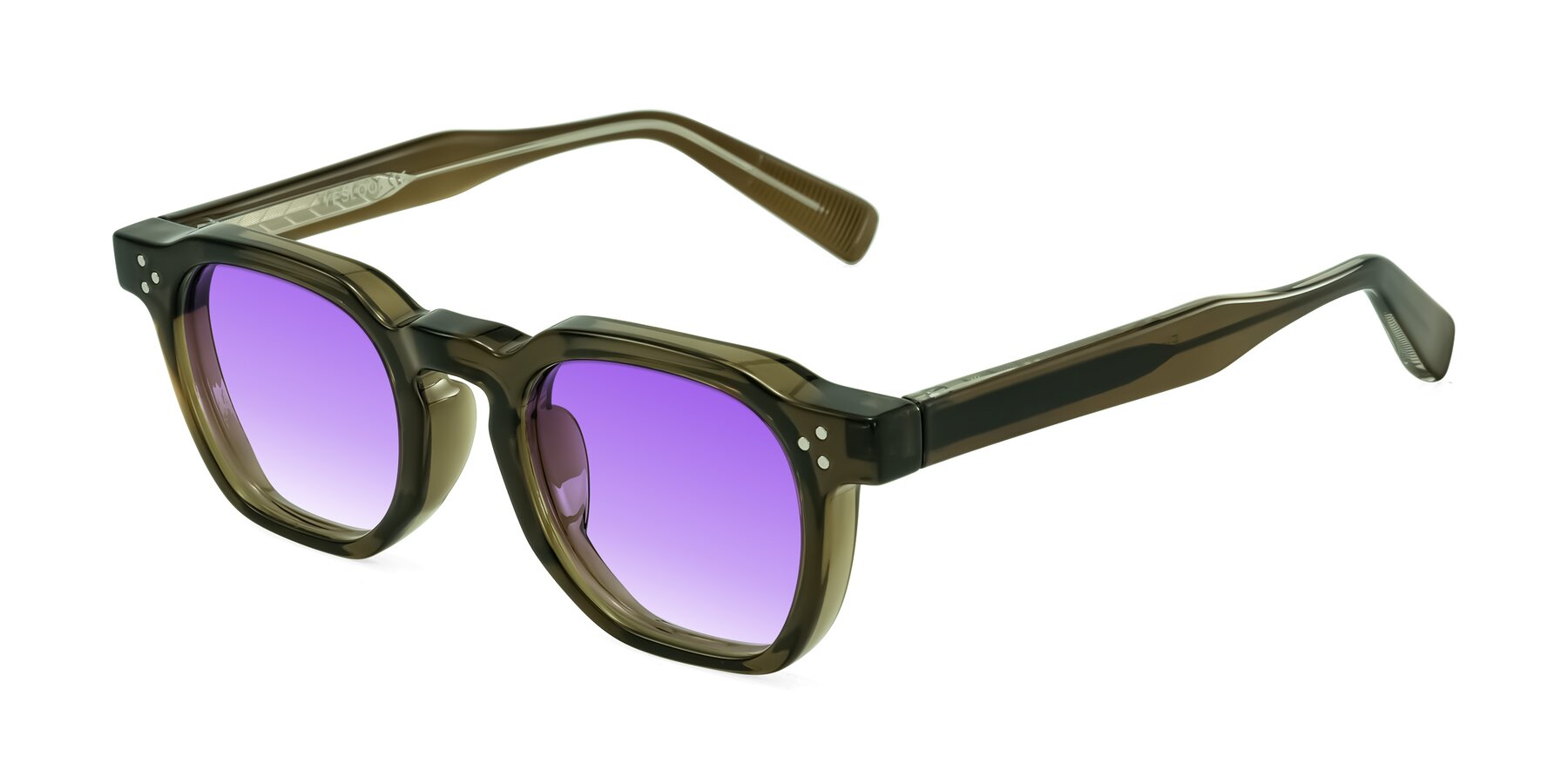 Angle of Fingar in Translucent Olive Gray with Purple Gradient Lenses