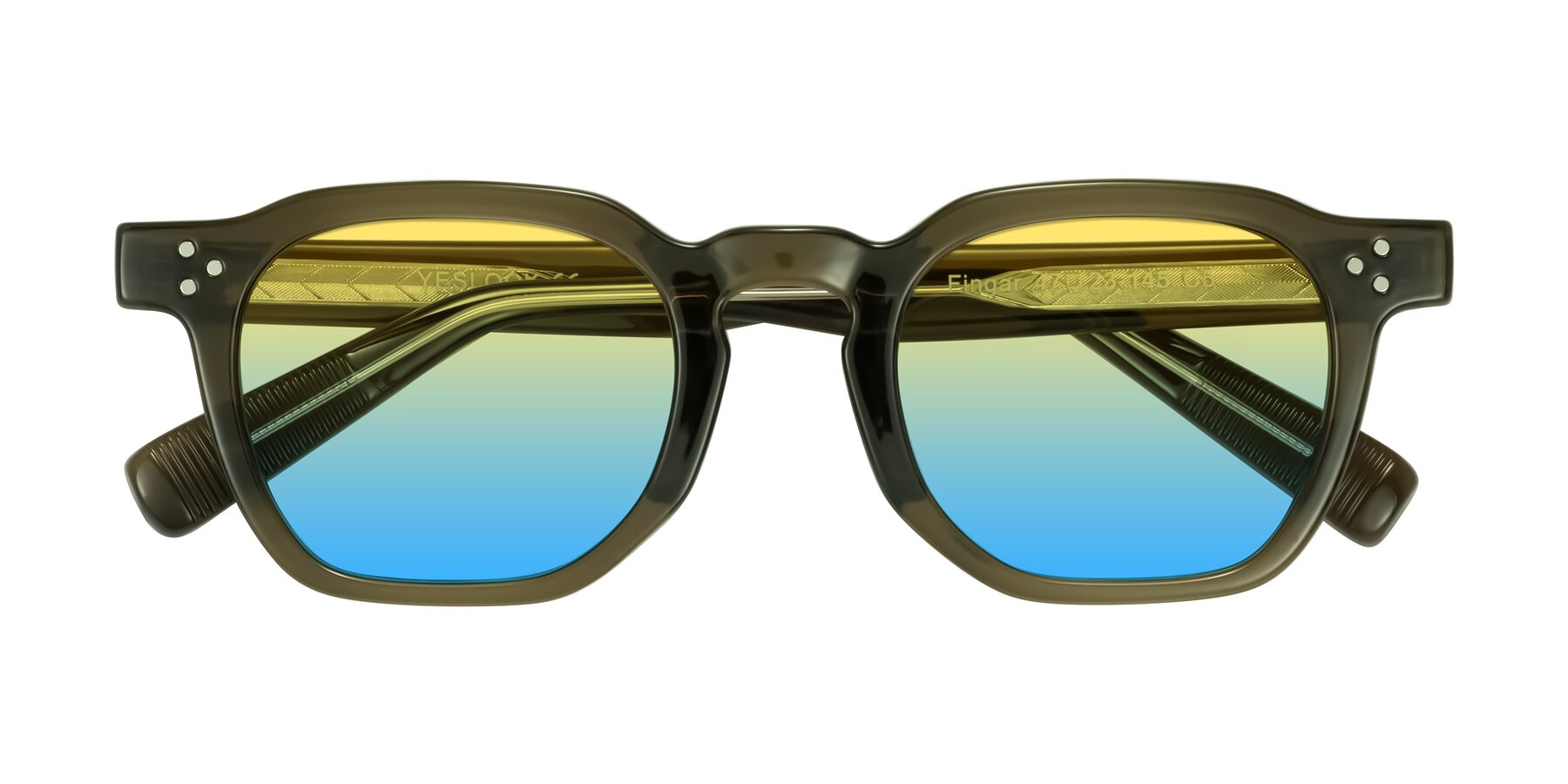 Folded Front of Fingar in Translucent Olive Gray with Yellow / Blue Gradient Lenses
