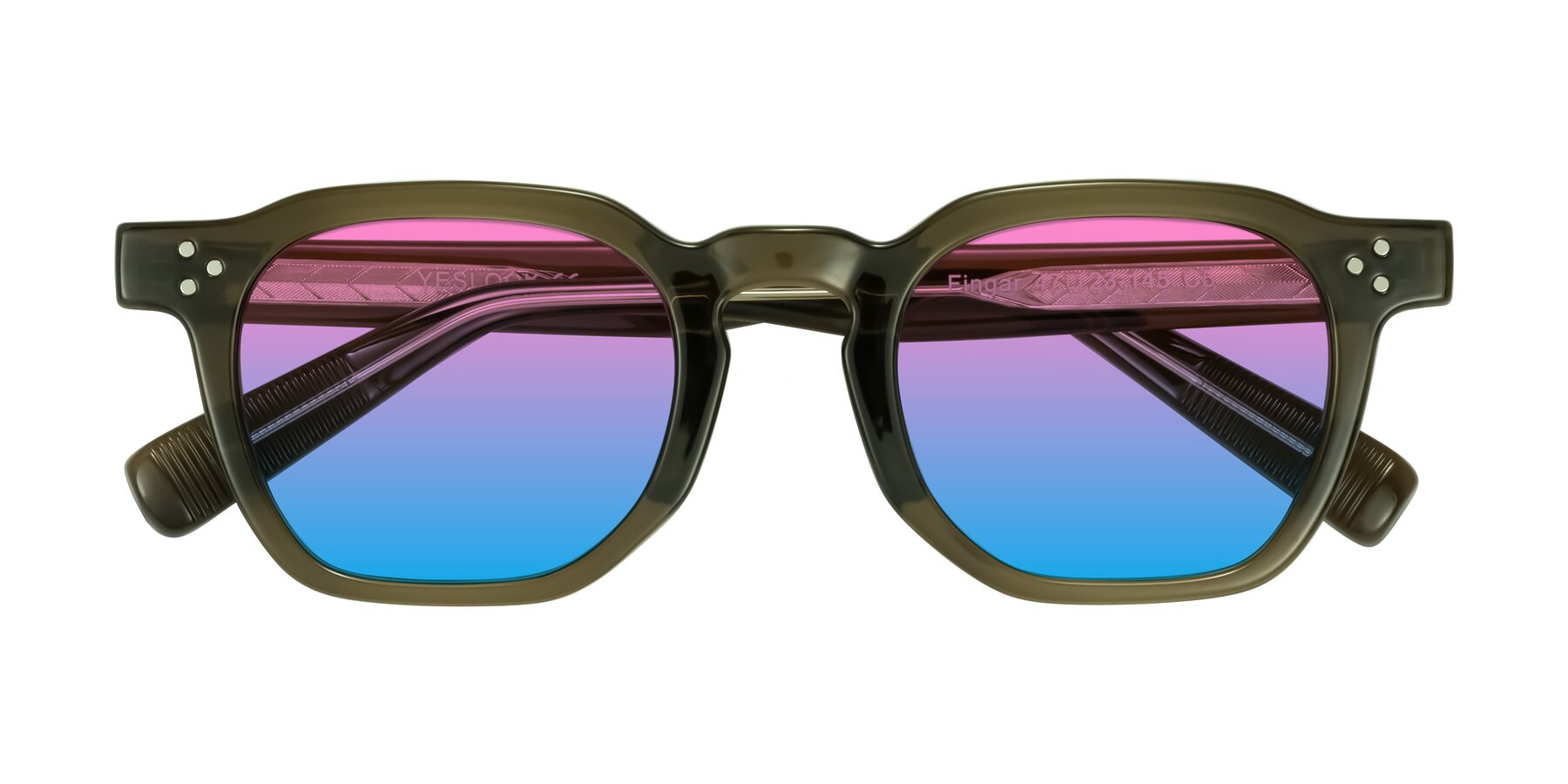 Folded Front of Fingar in Translucent Olive Gray with Pink / Blue Gradient Lenses