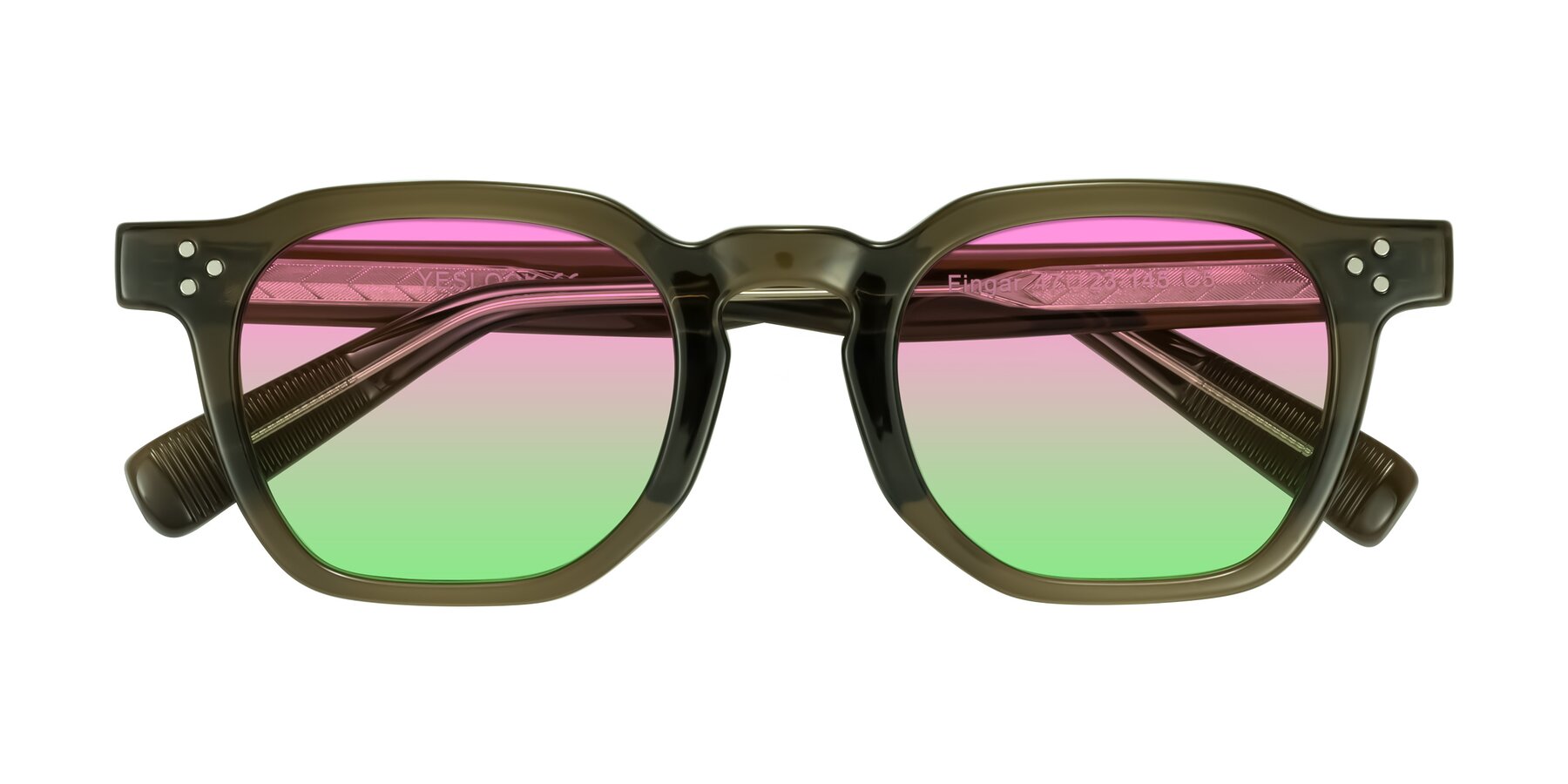 Folded Front of Fingar in Translucent Olive Gray with Pink / Green Gradient Lenses
