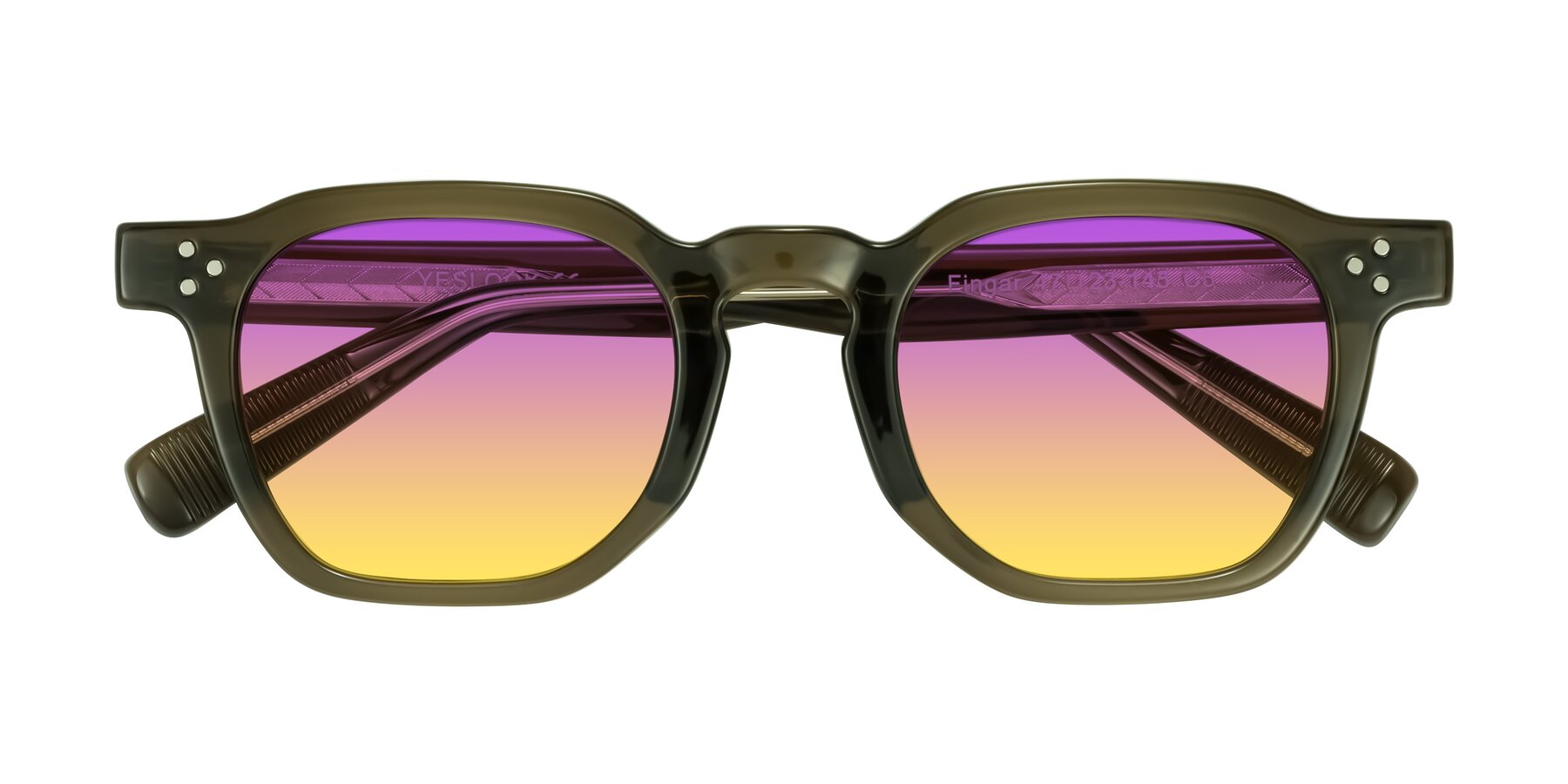 Folded Front of Fingar in Translucent Olive Gray with Purple / Yellow Gradient Lenses