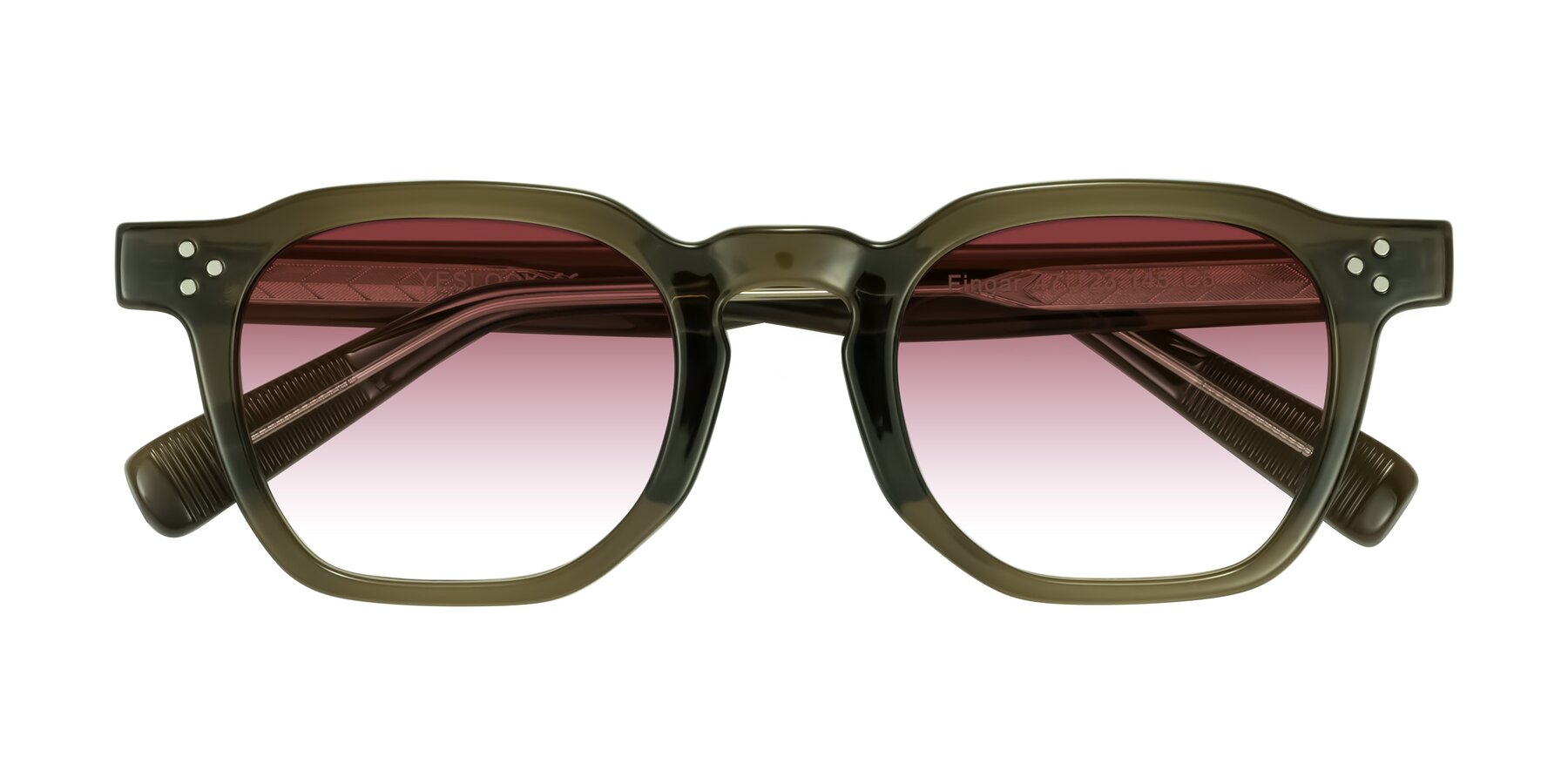 Folded Front of Fingar in Translucent Olive Gray with Garnet Gradient Lenses