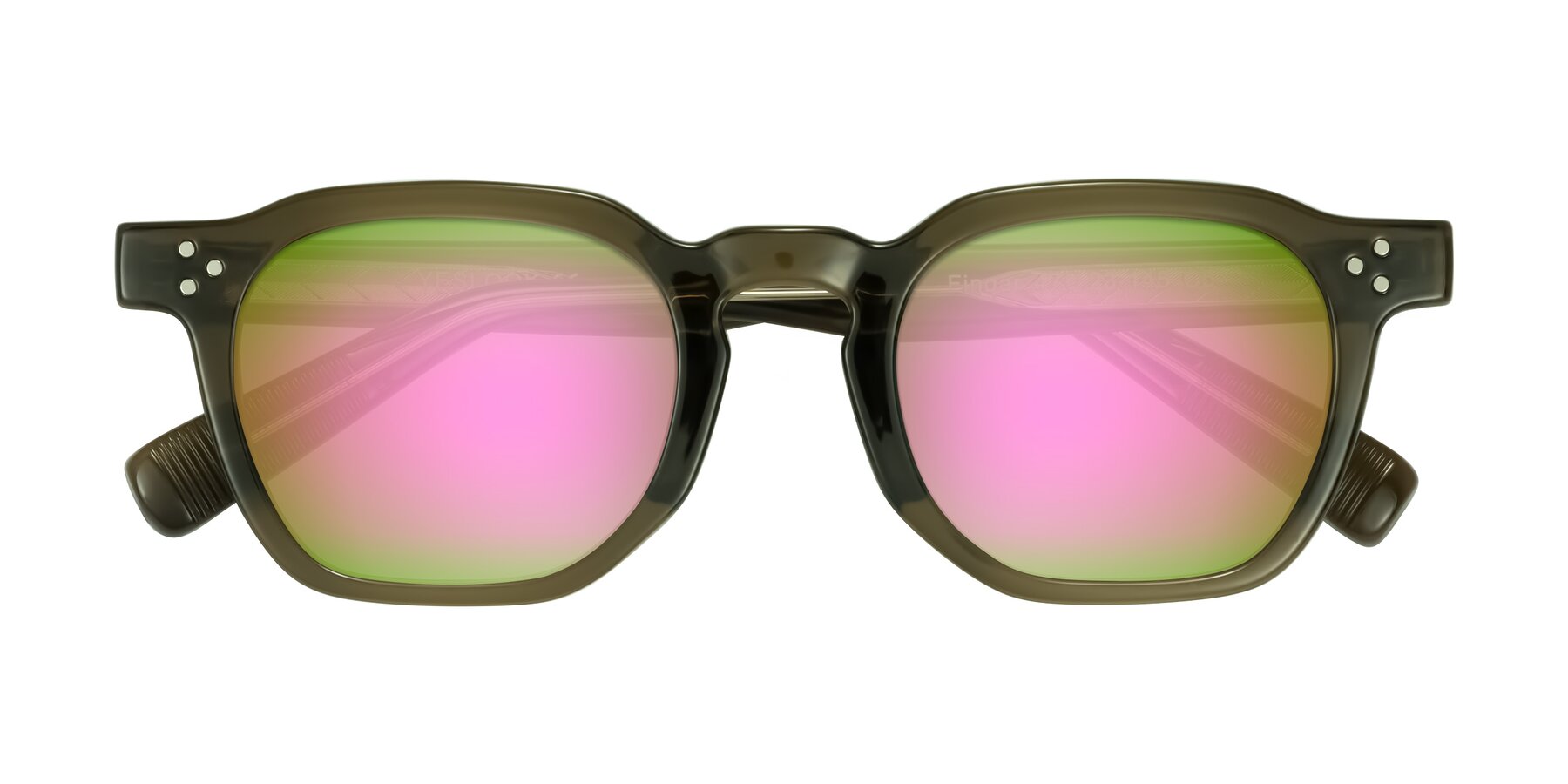 Folded Front of Fingar in Translucent Olive Gray with Pink Mirrored Lenses