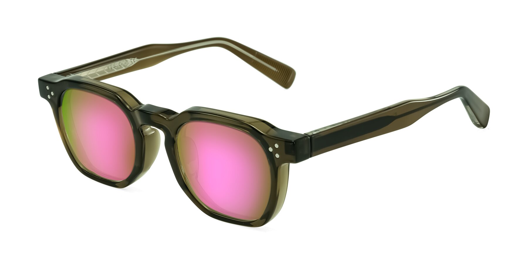 Angle of Fingar in Translucent Olive Gray with Pink Mirrored Lenses