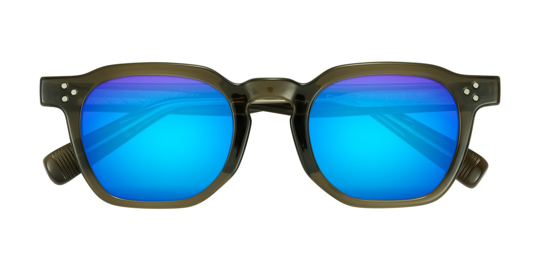 Folded Front of Fingar in Translucent Olive Gray with Blue Mirrored Lenses