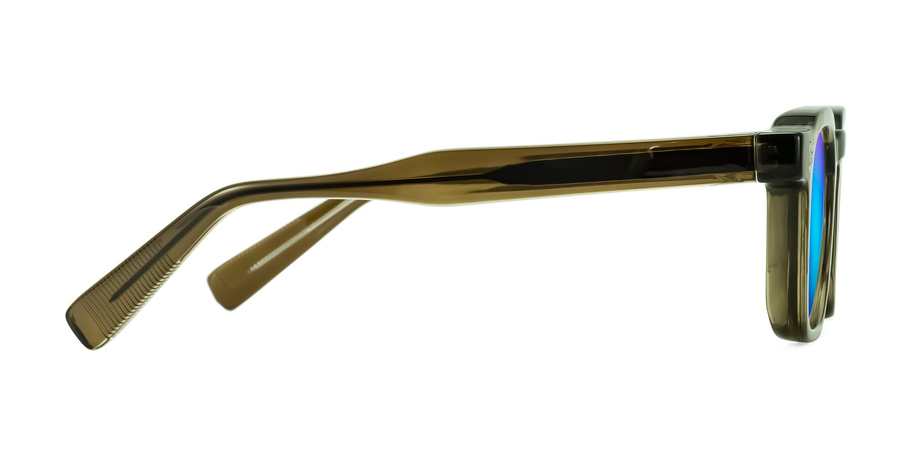 Side of Fingar in Translucent Olive Gray with Blue Mirrored Lenses