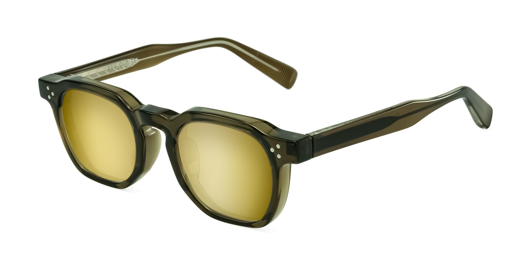 Angle of Fingar in Translucent Olive Gray with Gold Mirrored Lenses
