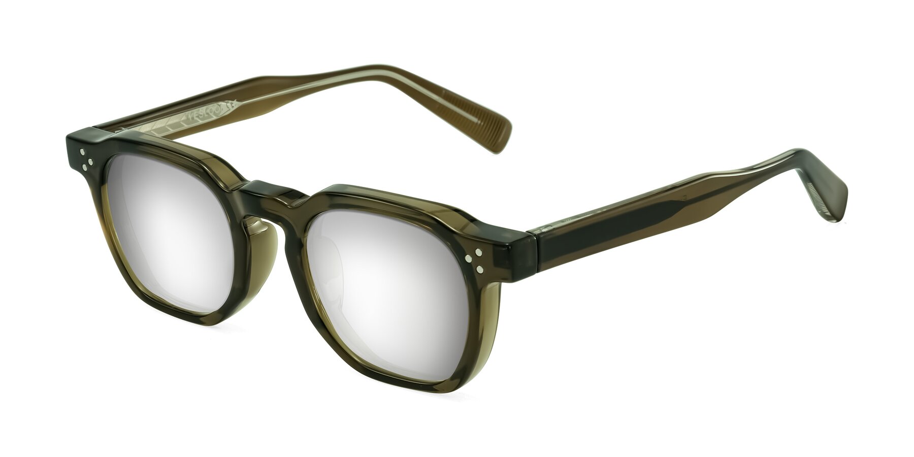 Angle of Fingar in Translucent Olive Gray with Silver Mirrored Lenses