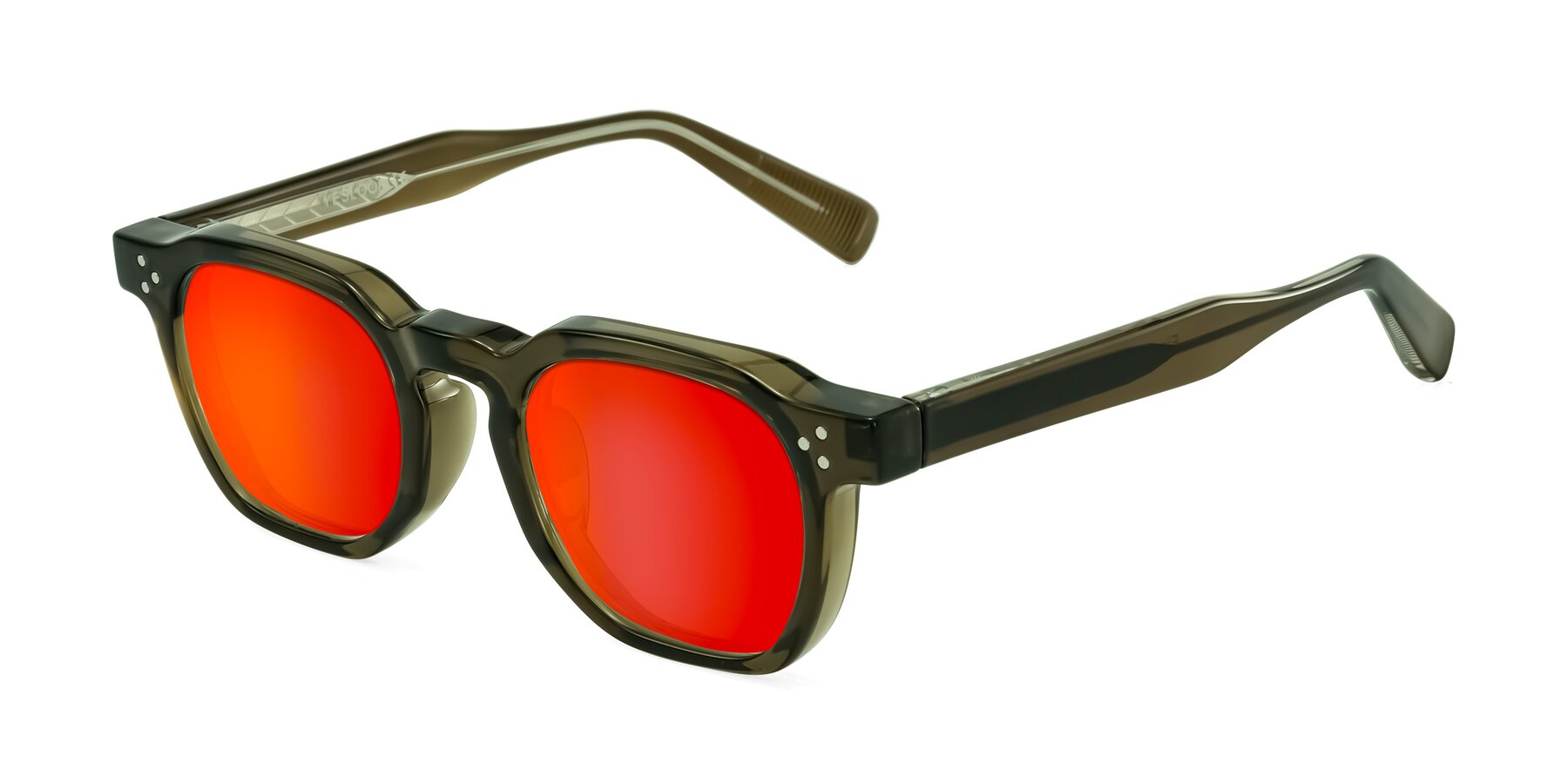 Angle of Fingar in Translucent Olive Gray with Red Gold Mirrored Lenses
