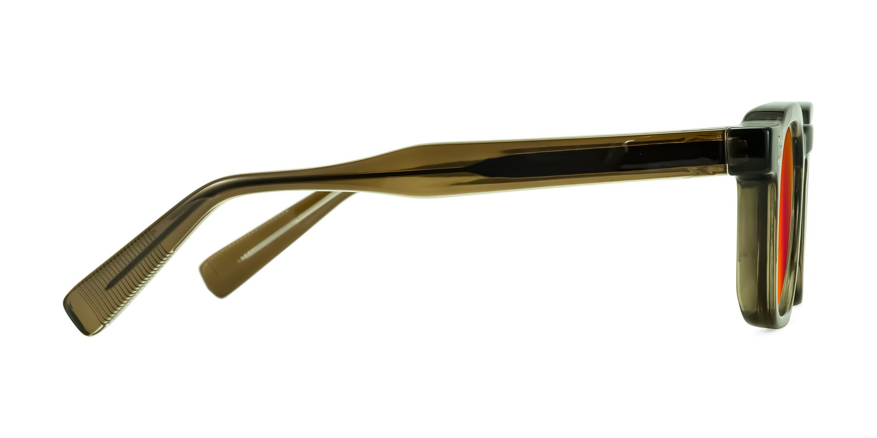 Side of Fingar in Translucent Olive Gray with Red Gold Mirrored Lenses