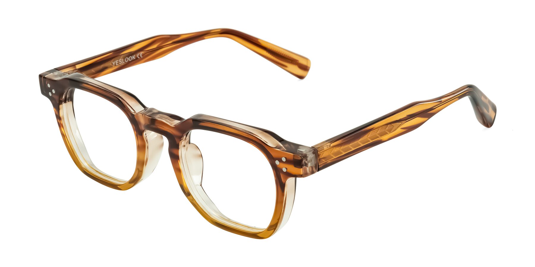 Angle of Fingar in Cola Brown Striped with Clear Eyeglass Lenses