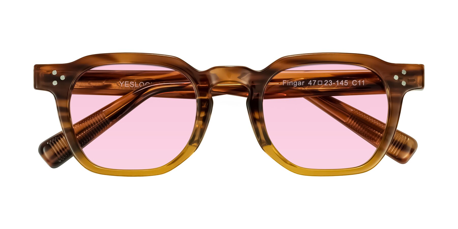 Folded Front of Fingar in Cola Brown Striped with Light Pink Tinted Lenses