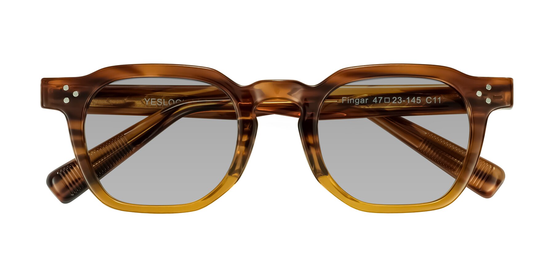 Folded Front of Fingar in Cola Brown Striped with Light Gray Tinted Lenses