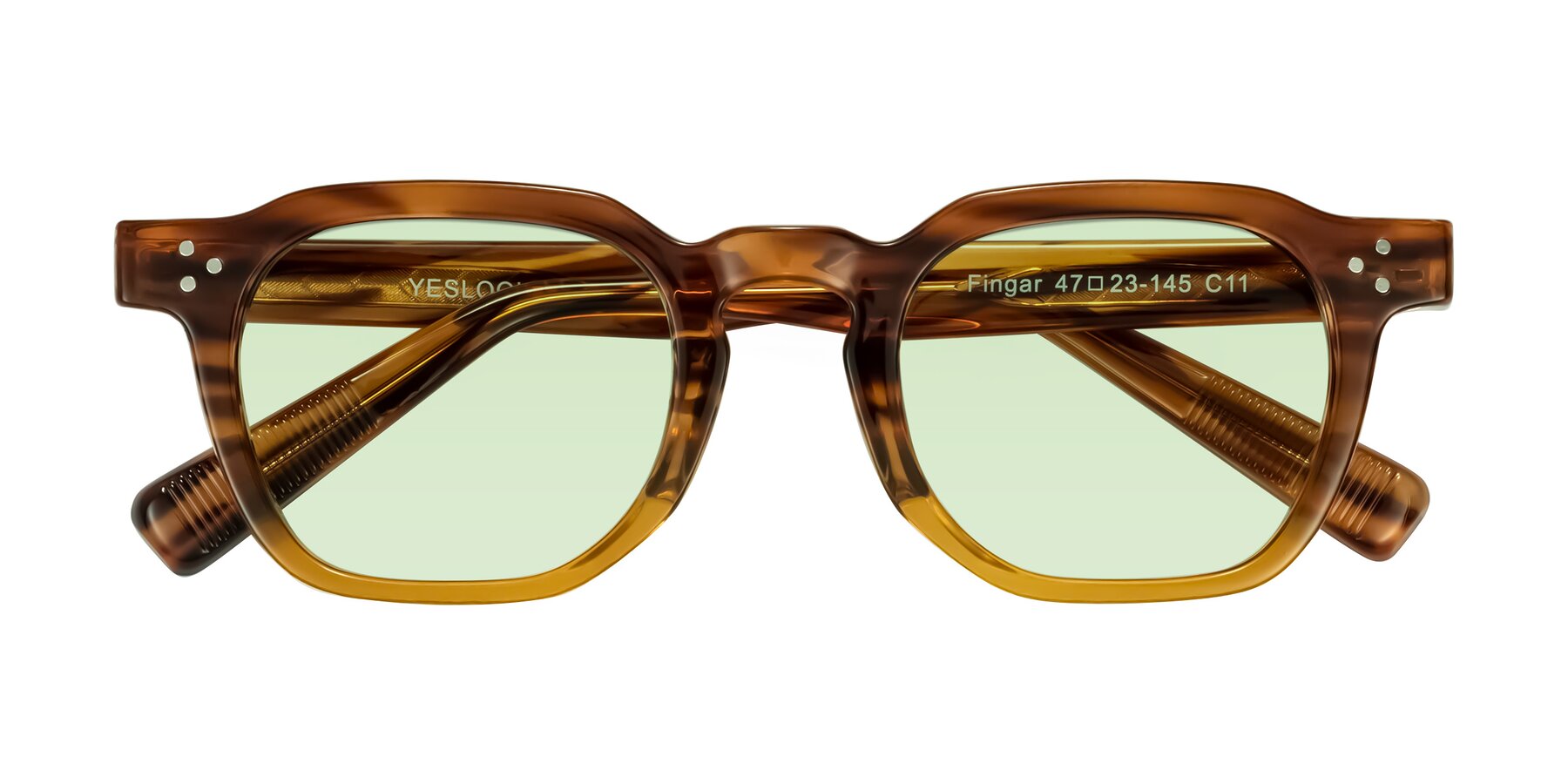 Folded Front of Fingar in Cola Brown Striped with Light Green Tinted Lenses