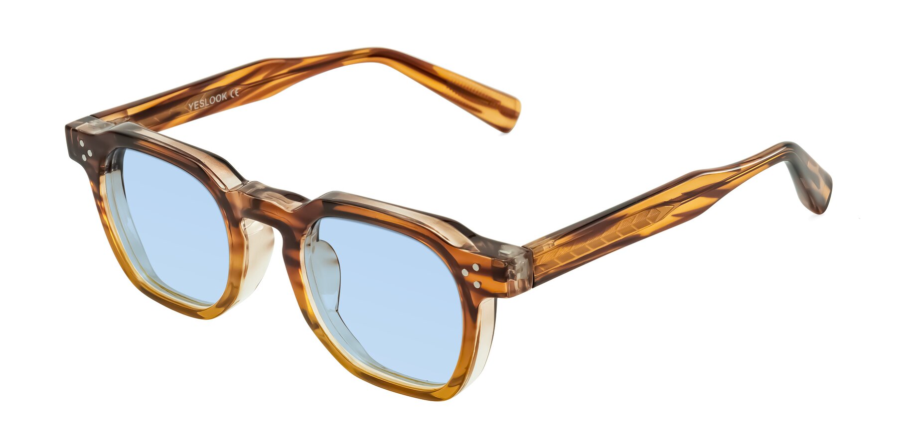 Angle of Fingar in Cola Brown Striped with Light Blue Tinted Lenses