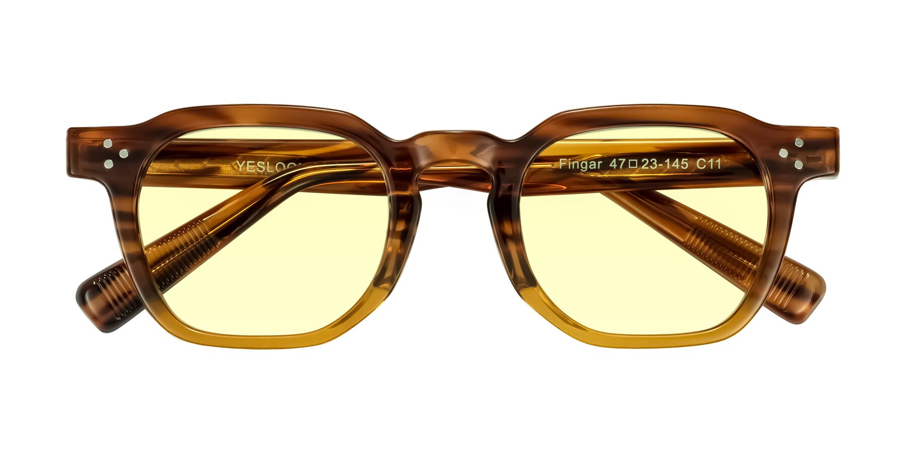 Folded Front of Fingar in Cola Brown Striped with Light Yellow Tinted Lenses