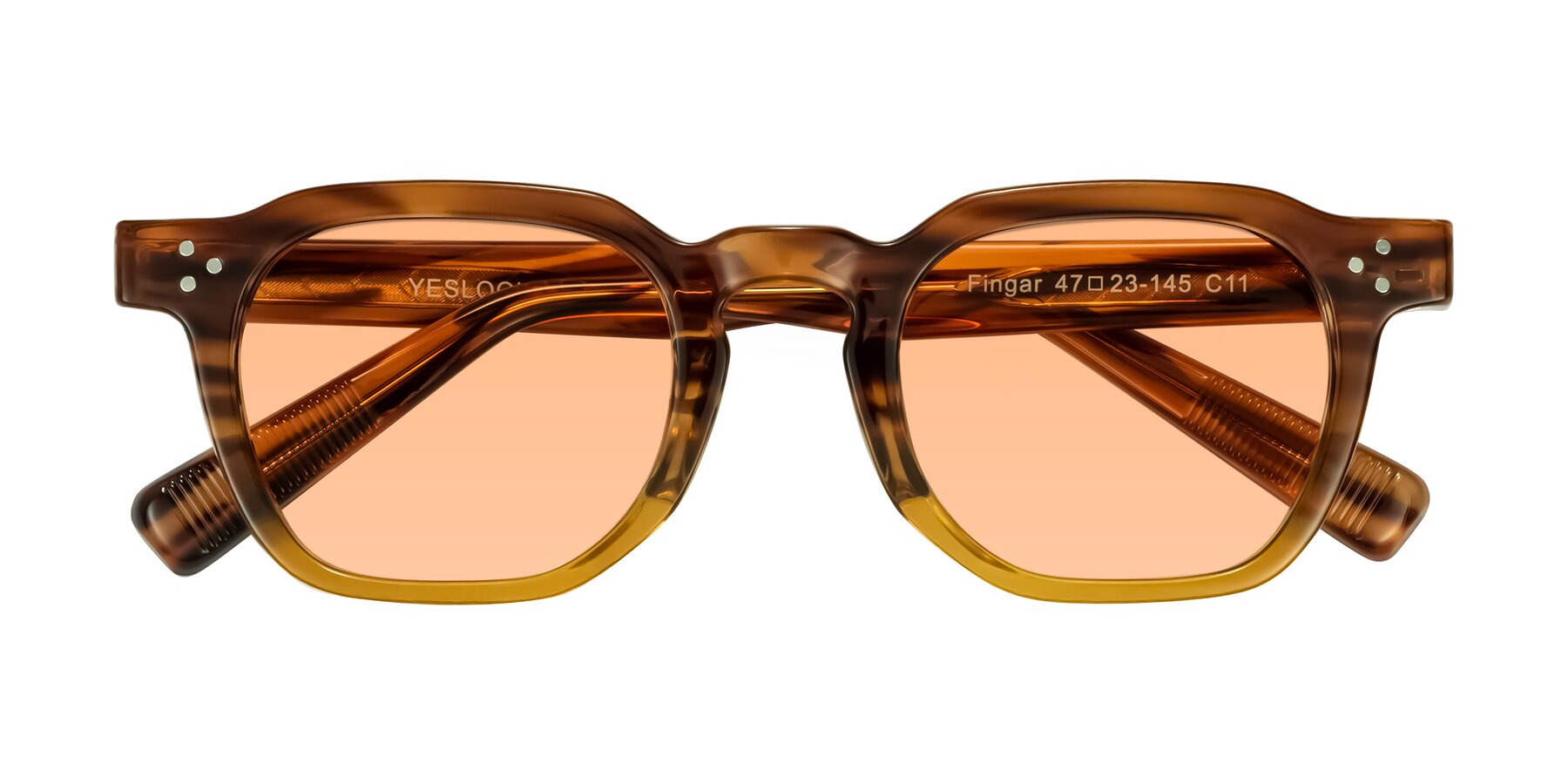 Folded Front of Fingar in Cola Brown Striped with Light Orange Tinted Lenses