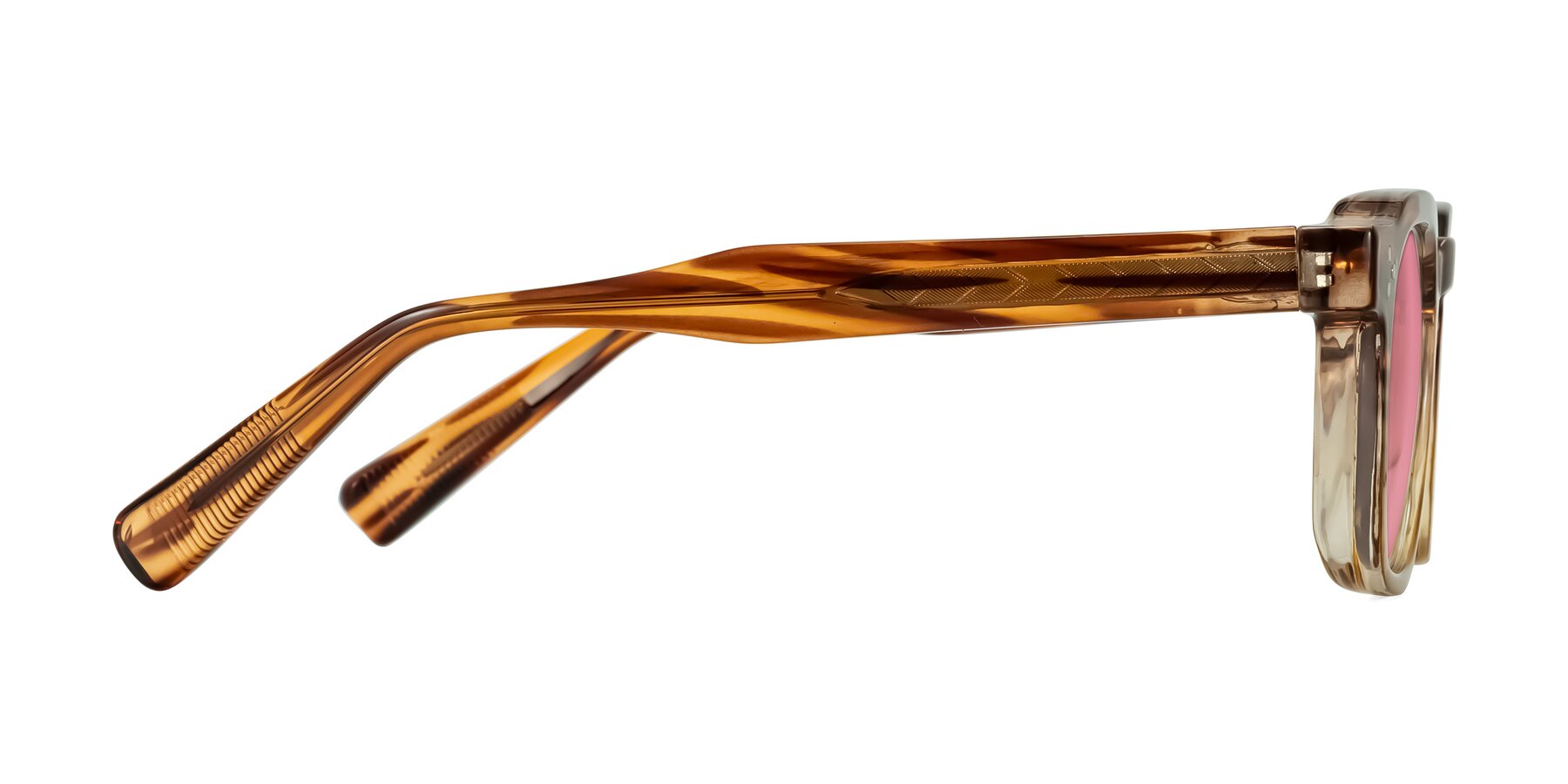 Side of Fingar in Cola Brown Striped with Pink Tinted Lenses