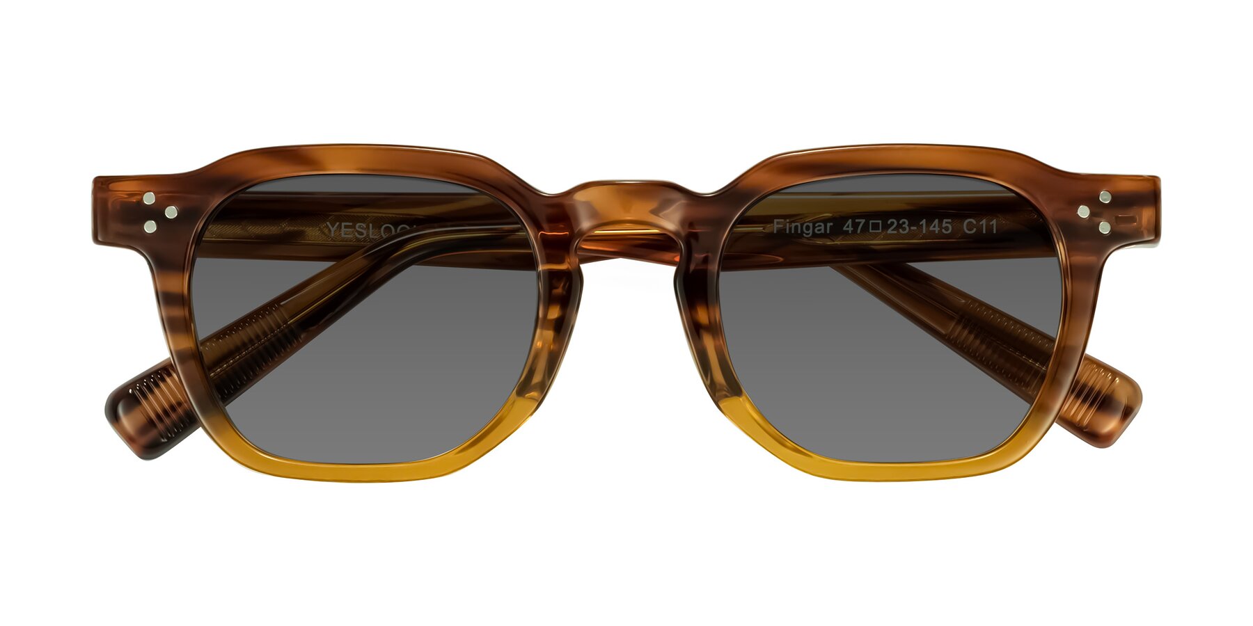 Folded Front of Fingar in Cola Brown Striped with Medium Gray Tinted Lenses