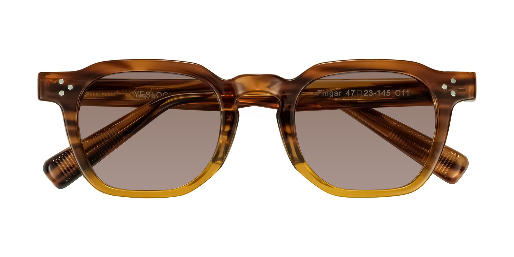 Folded Front of Fingar in Cola Brown Striped with Medium Brown Tinted Lenses