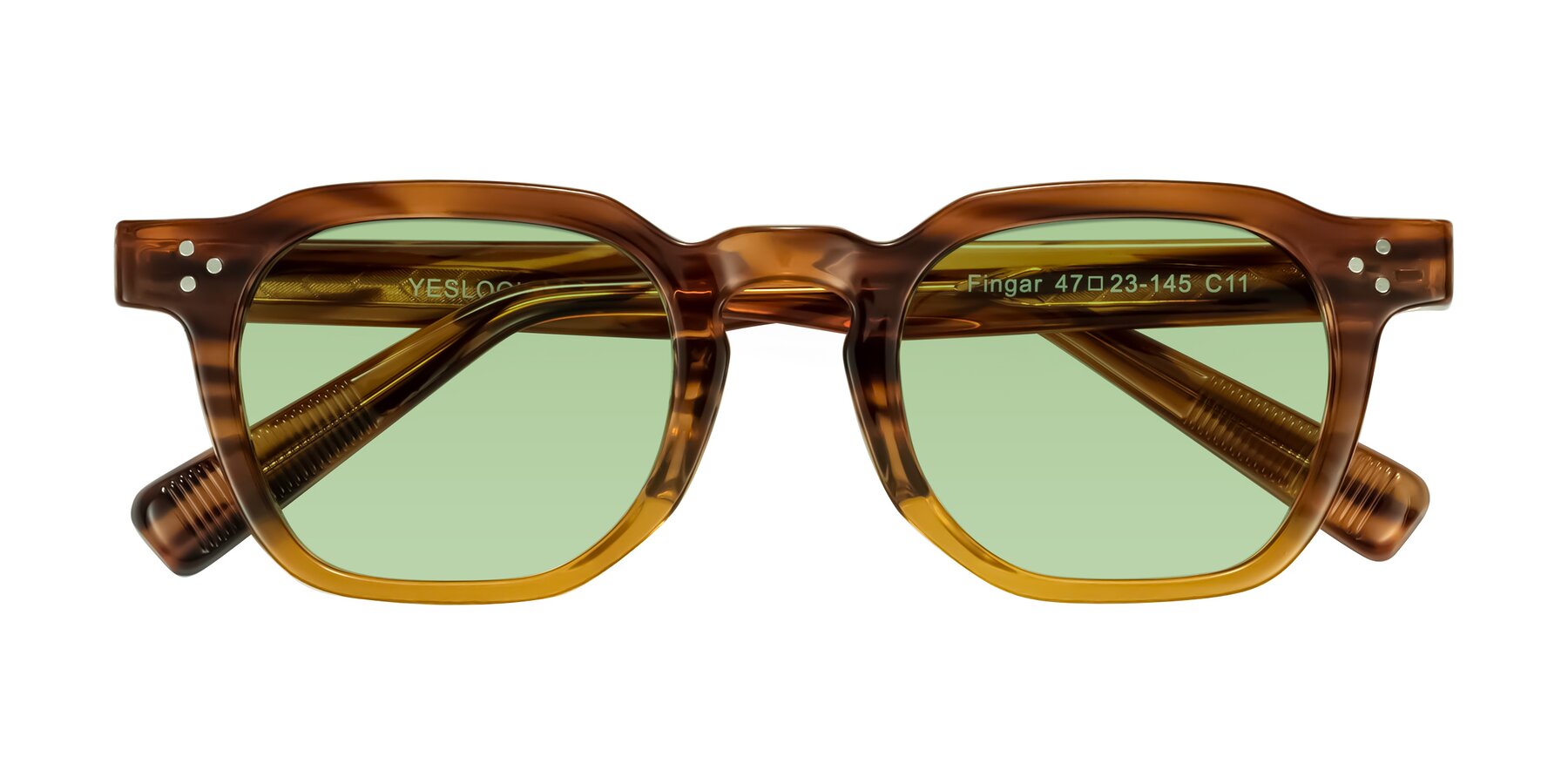 Folded Front of Fingar in Cola Brown Striped with Medium Green Tinted Lenses