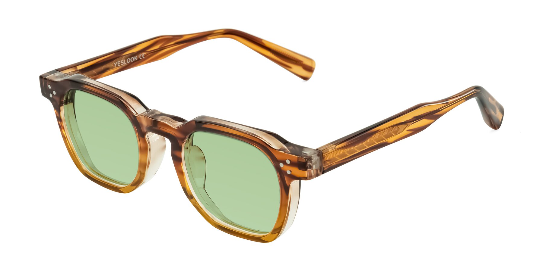 Angle of Fingar in Cola Brown Striped with Medium Green Tinted Lenses