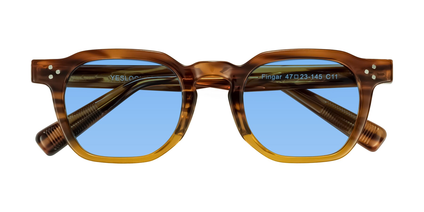 Folded Front of Fingar in Cola Brown Striped with Medium Blue Tinted Lenses