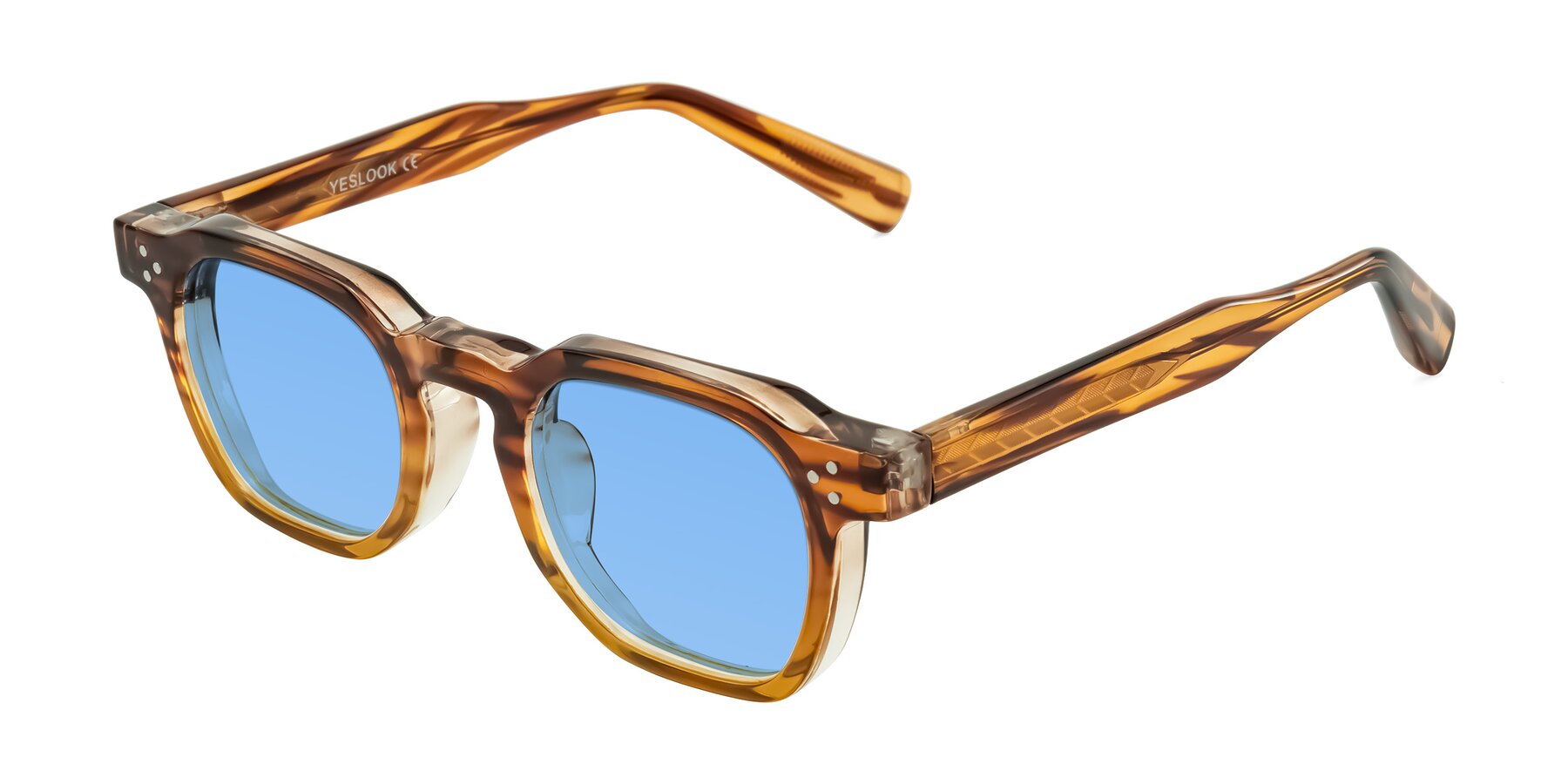 Angle of Fingar in Cola Brown Striped with Medium Blue Tinted Lenses