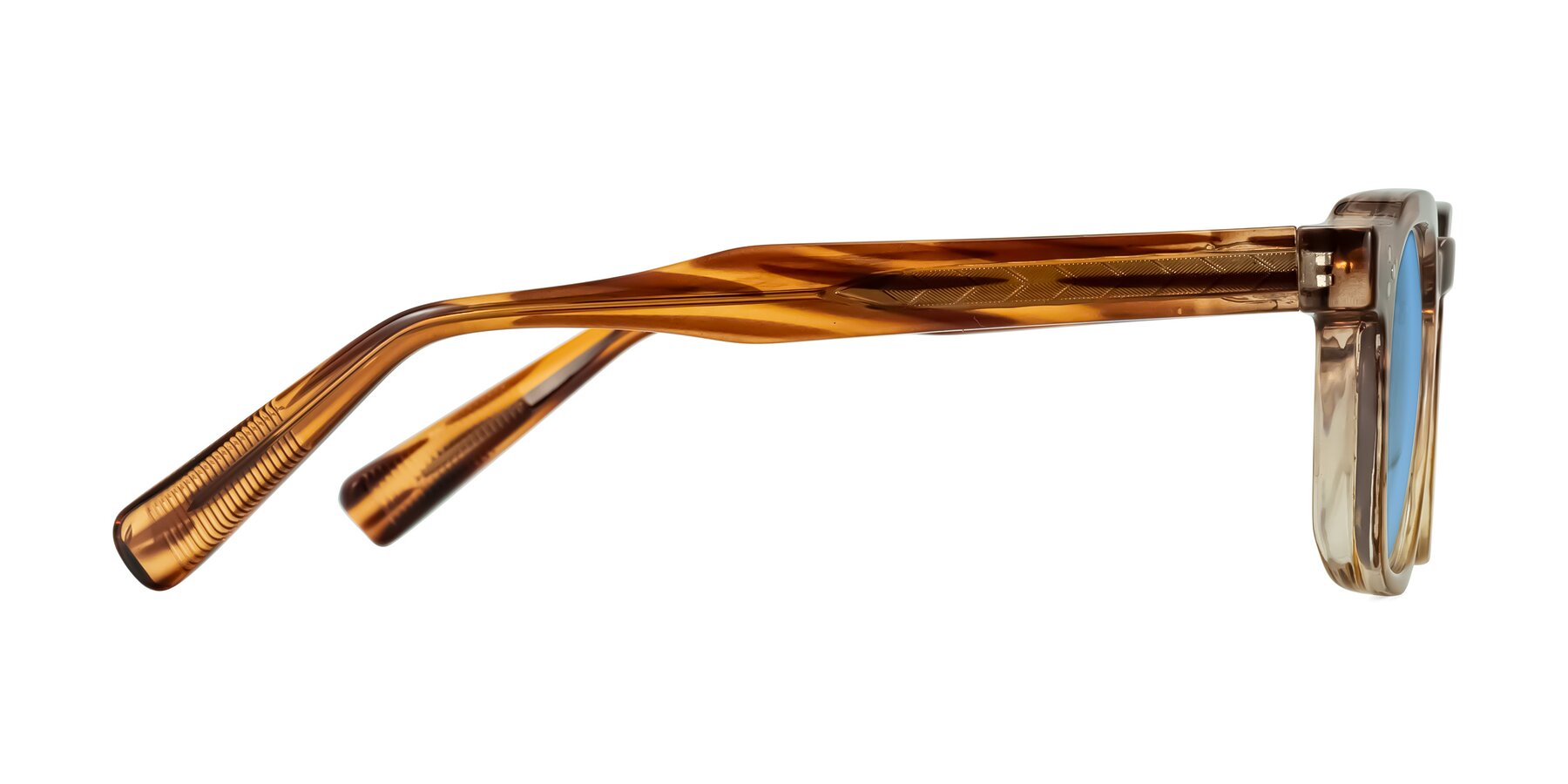 Side of Fingar in Cola Brown Striped with Medium Blue Tinted Lenses