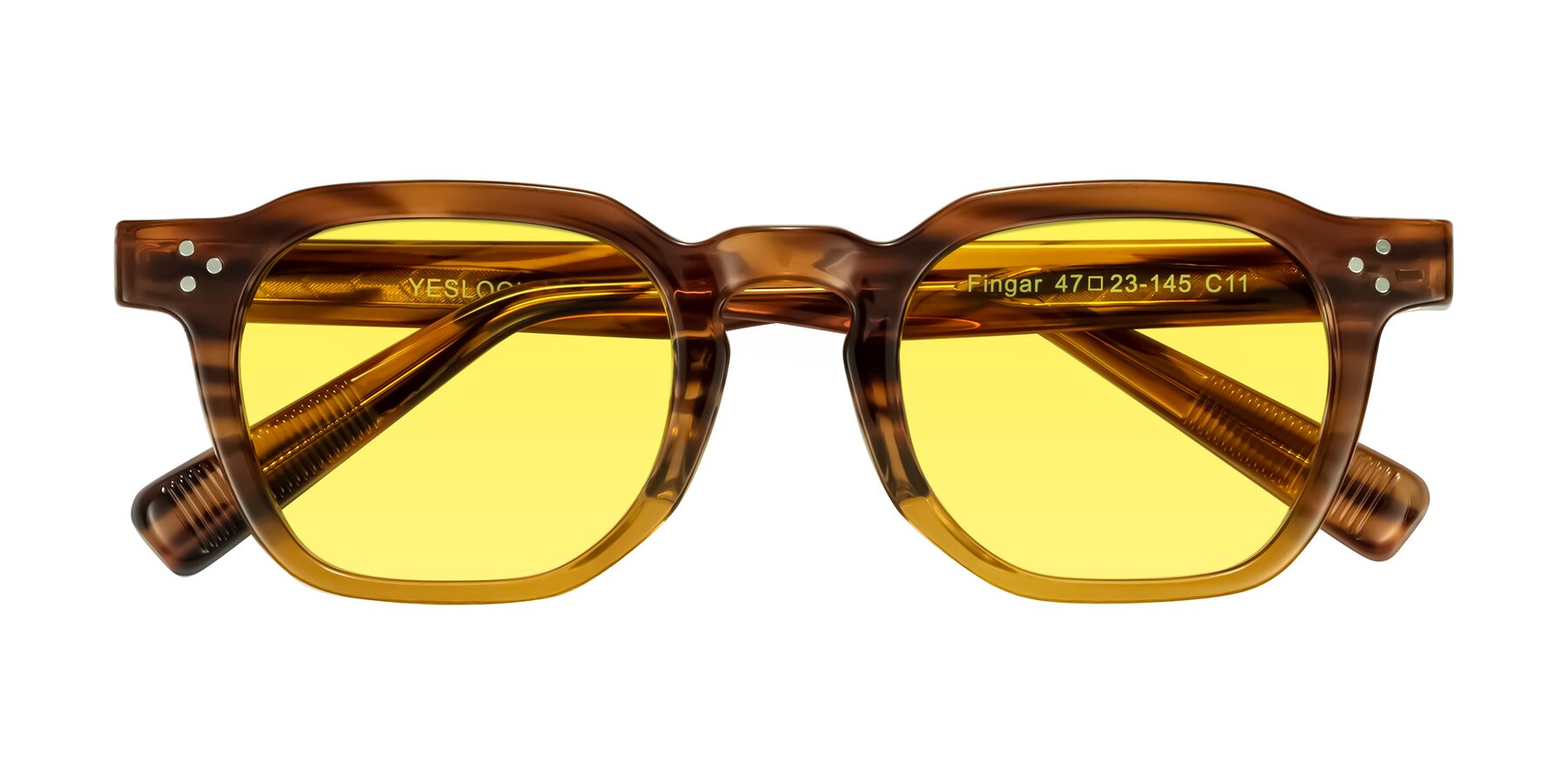 Folded Front of Fingar in Cola Brown Striped with Medium Yellow Tinted Lenses