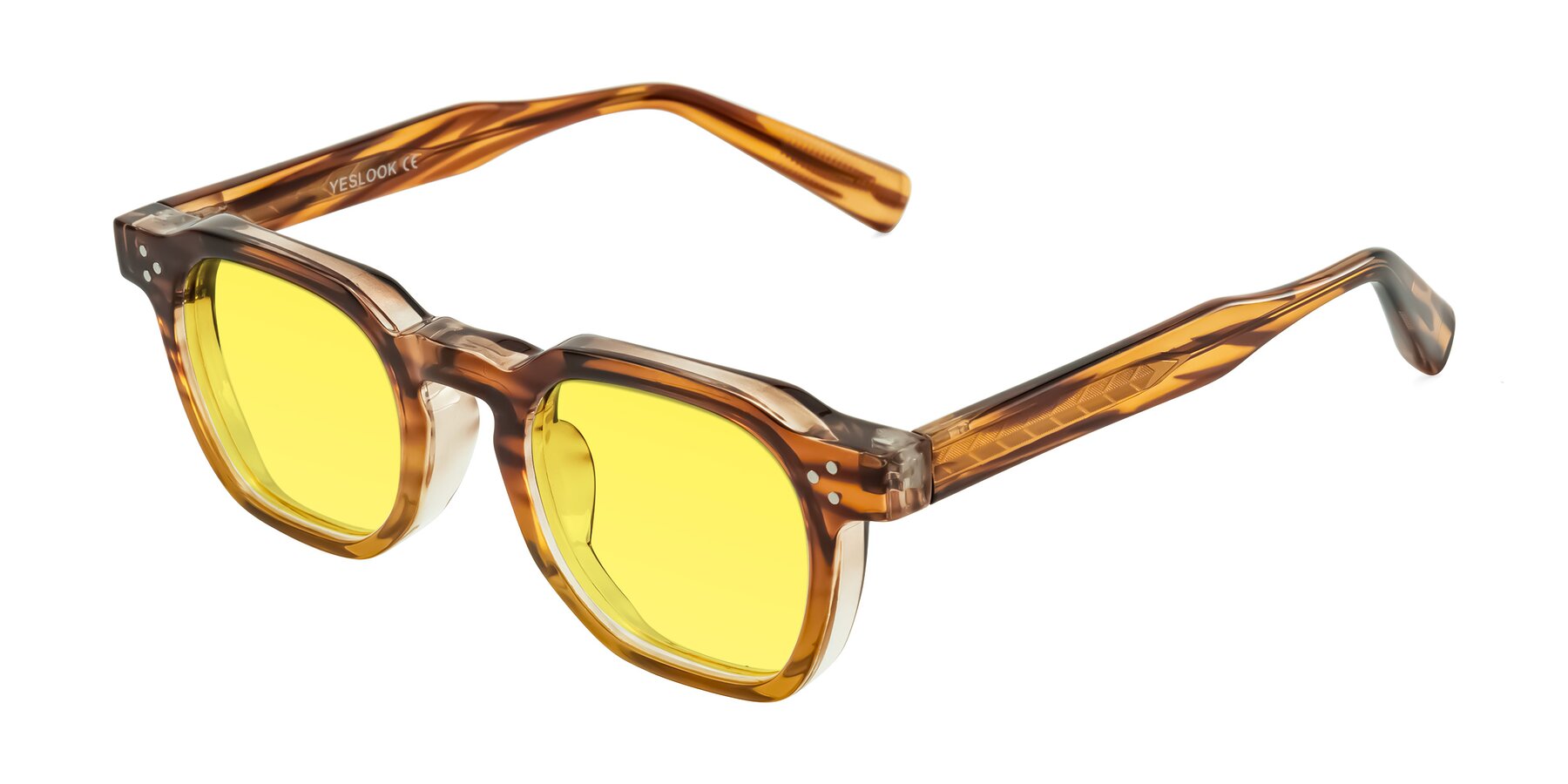 Angle of Fingar in Cola Brown Striped with Medium Yellow Tinted Lenses