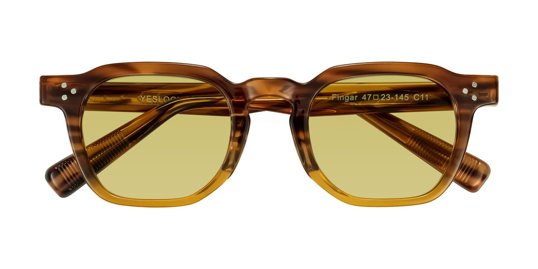 Folded Front of Fingar in Cola Brown Striped with Medium Champagne Tinted Lenses
