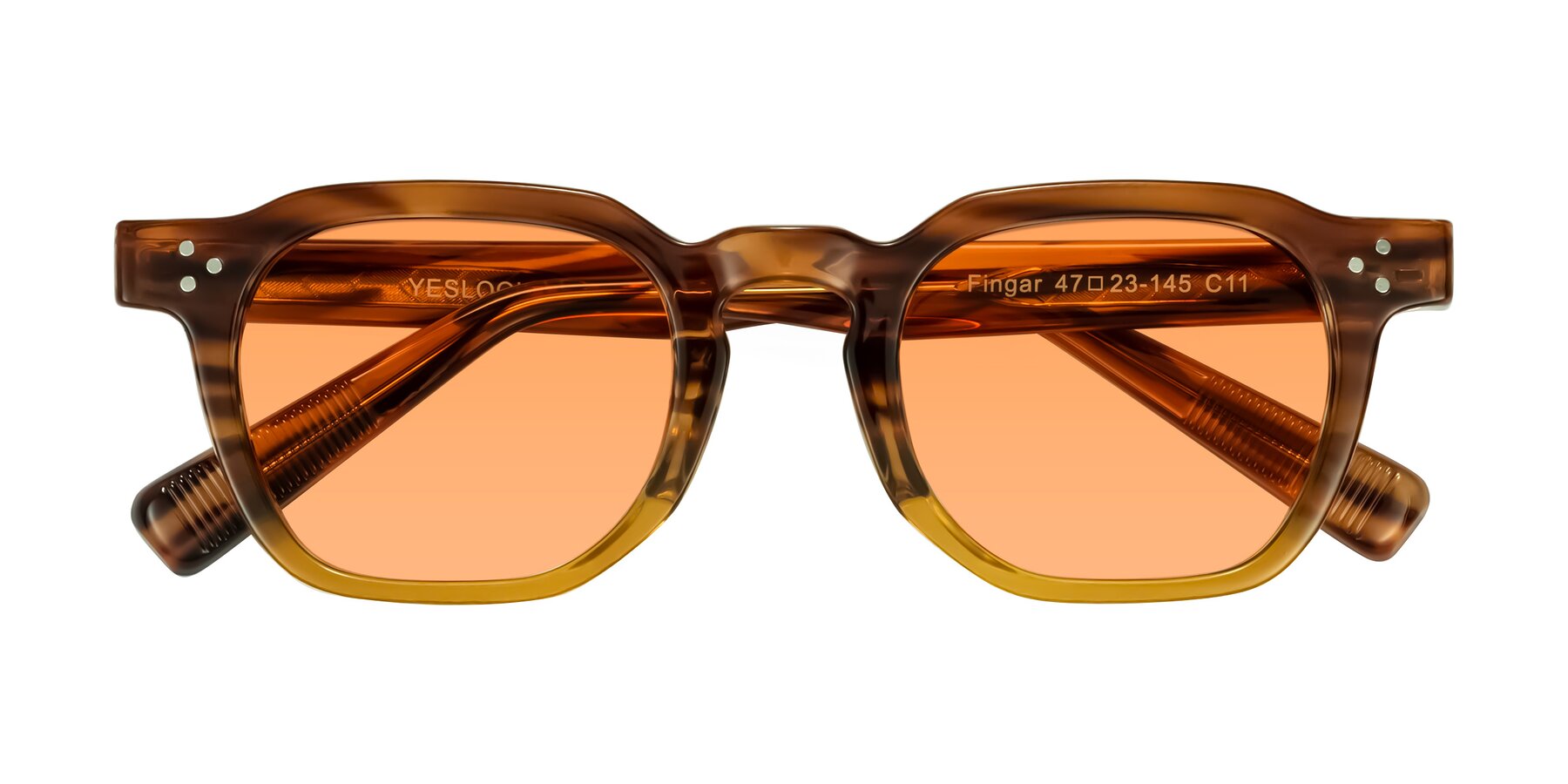 Folded Front of Fingar in Cola Brown Striped with Medium Orange Tinted Lenses
